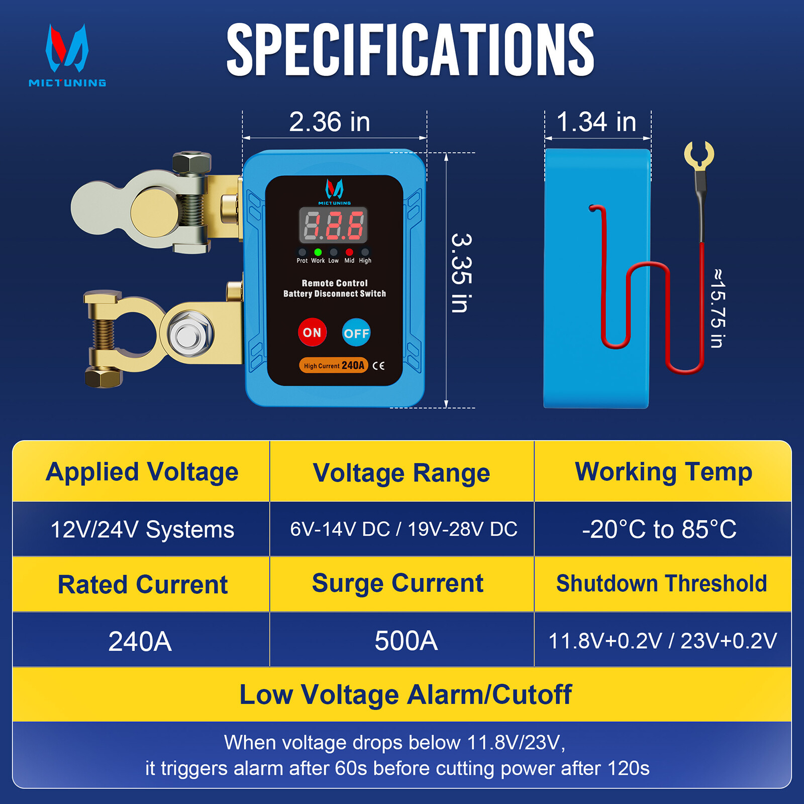 MICTUNING Remote Battery Disconnect Kill Switch 12V 240A LED Voltmeter Display