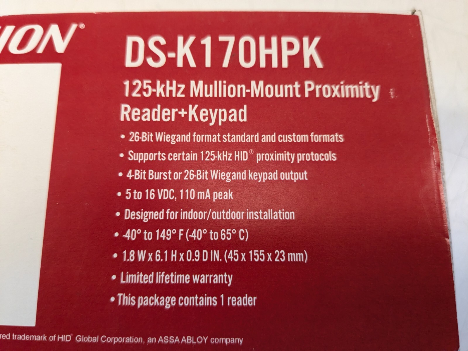 Hikvision DS-K170HPK Mullion-Mount Proximity Card Reader with Keypad *Open Box*
