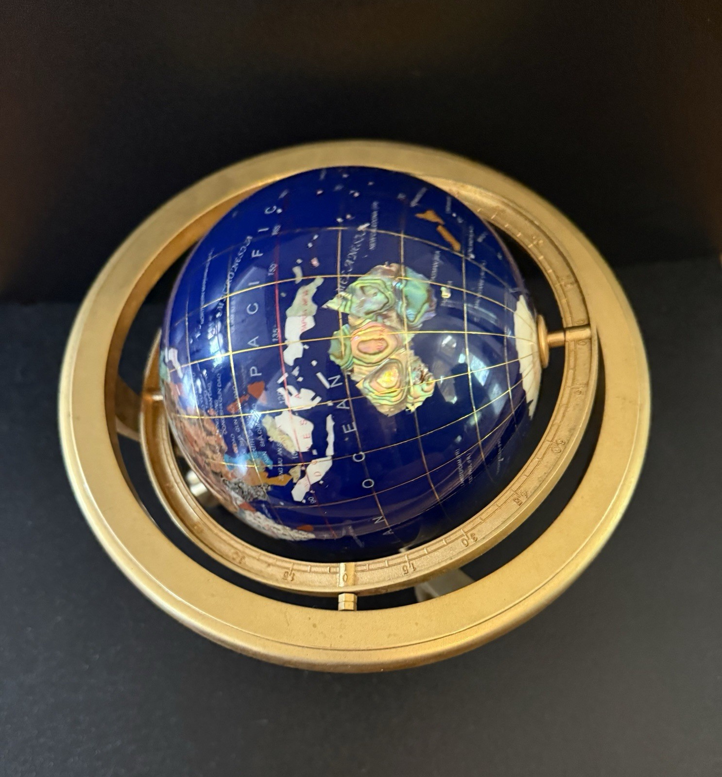 Blue Lapis Tabletop Globe, Rotating, compass, Gold-Finish tripod Base