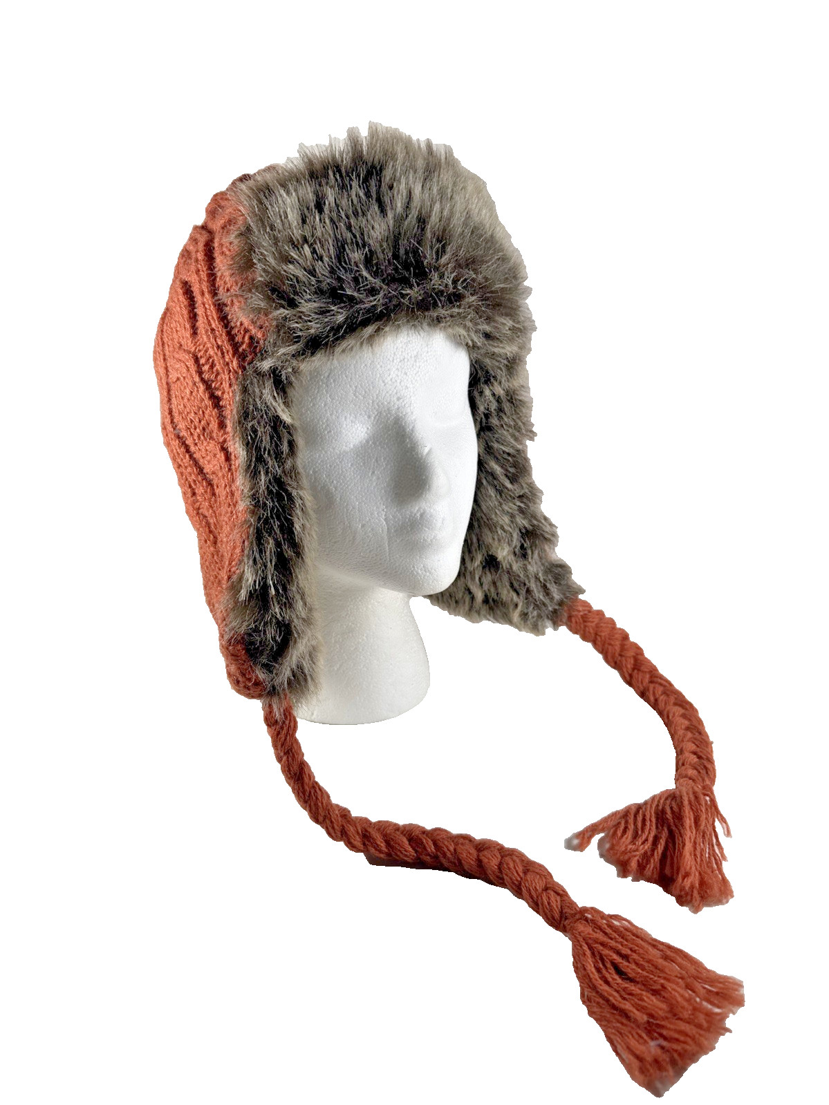 NEW OLD STOCK w TAGS  Burnt Orange Trapper Hat Faux Fur Trim Winter Knit