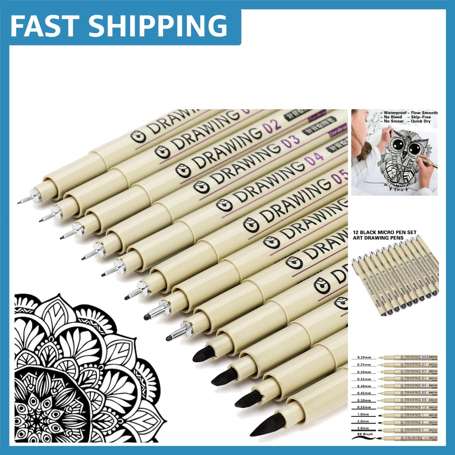 Muchcute 12 Black Fine Line Waterproof Art Pens - Perfect for Artists & Kids