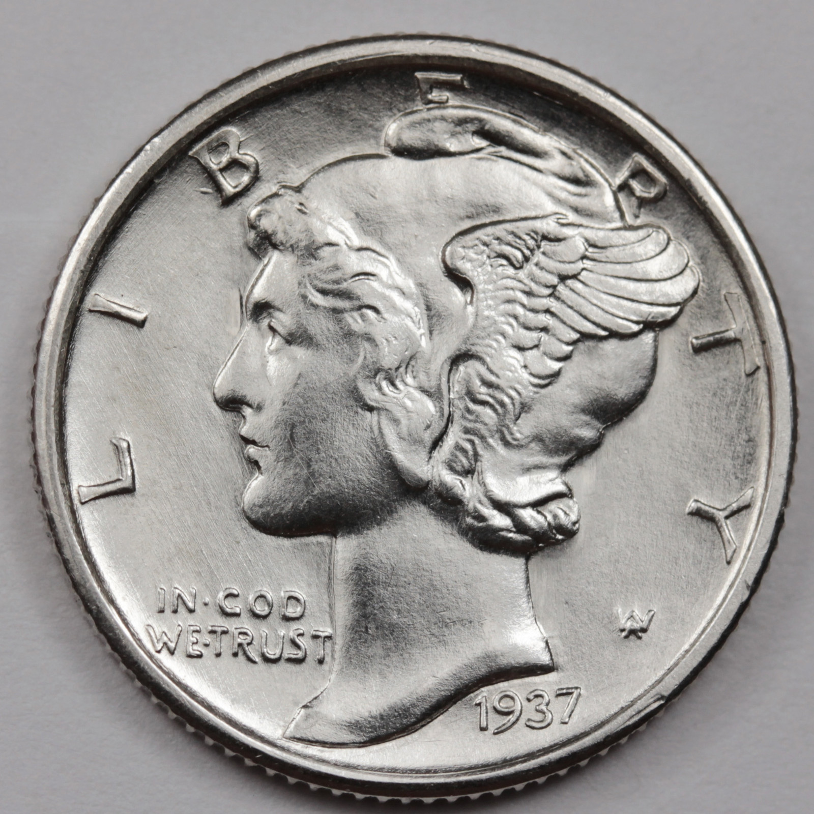 1937-s Mercury Dime.  100% Fully Separated Horizontal Band's.  BU.(Inventory A)