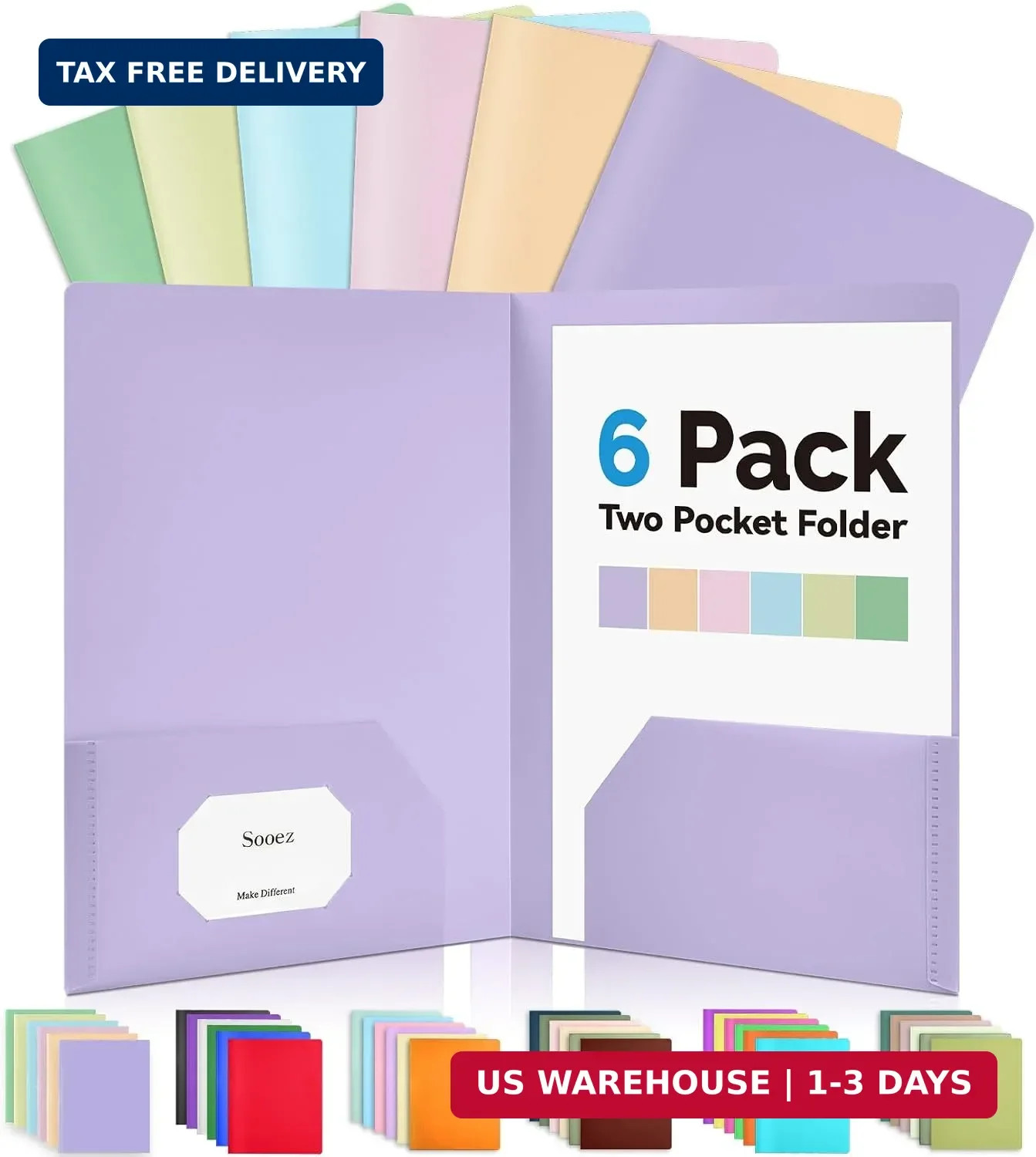 Sooez 6Pack Folders with Pockets, Pastels Colors, Heavy Duty Pocket Folder | Pla