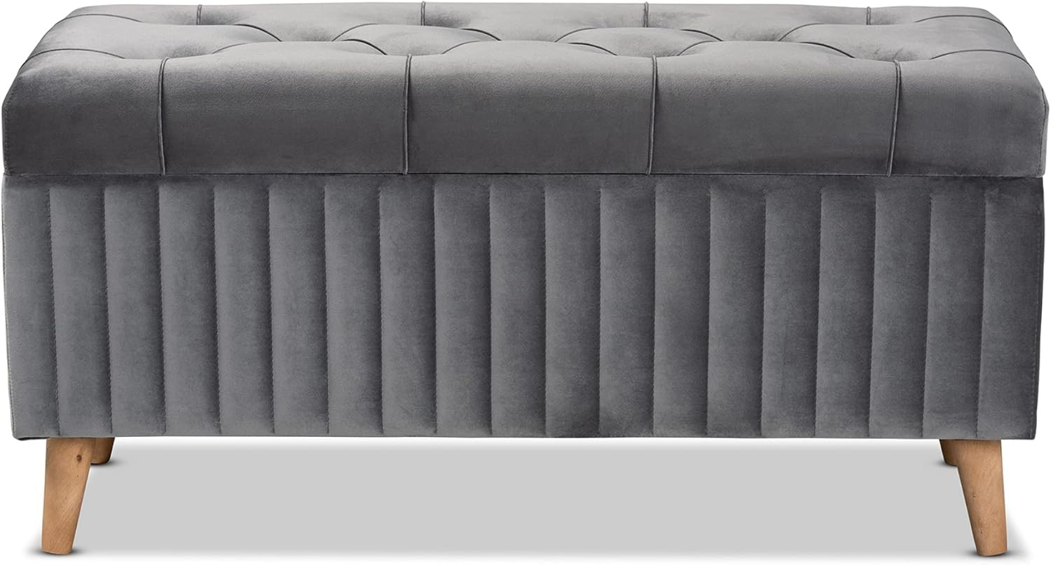 Grey Velvet Storage Ottoman with Walnut Wood Finish - Modern Design