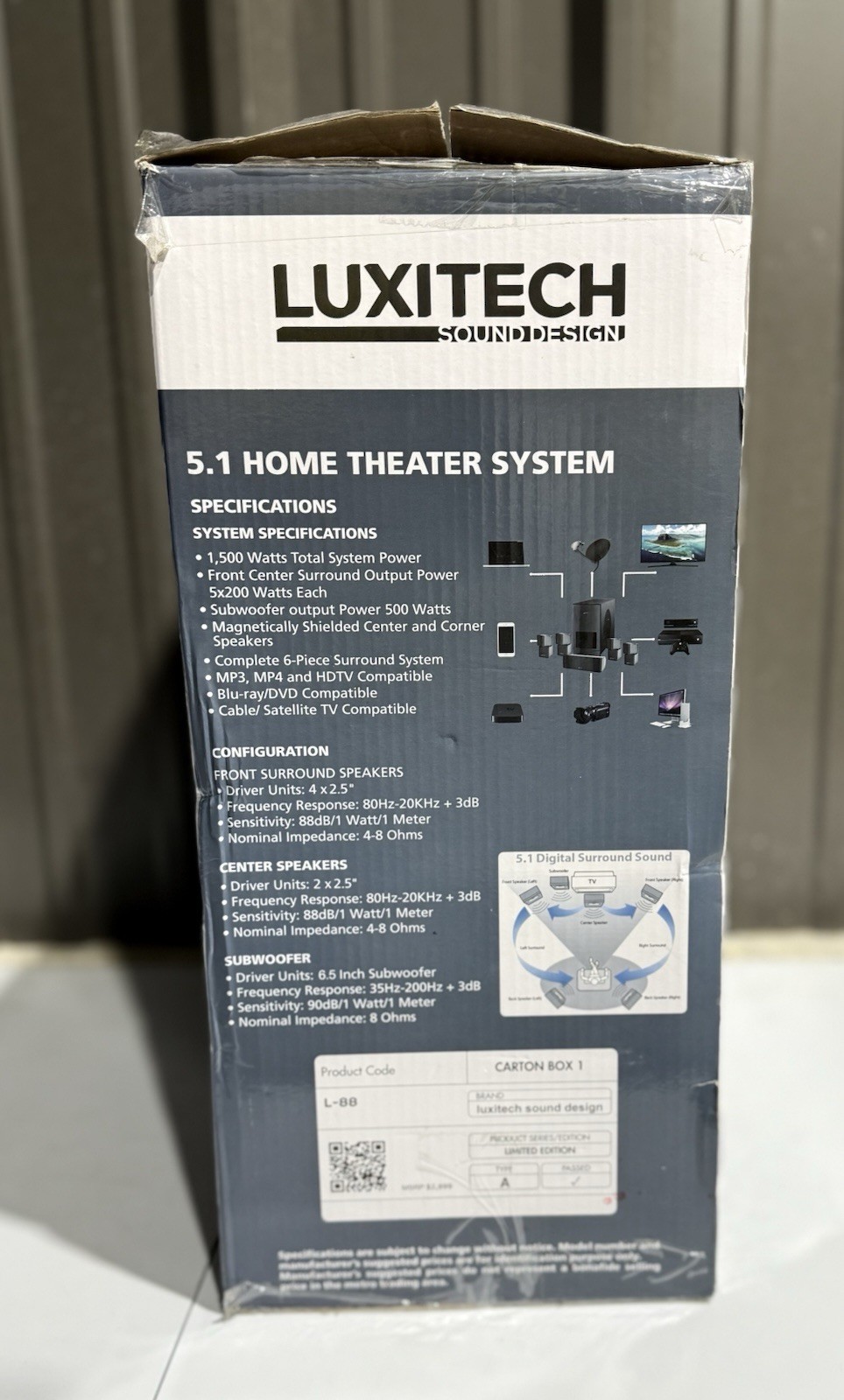 Luxitech L-88 5.1 Home Theater System 1500W HDTV Surround w/Subwoofer
