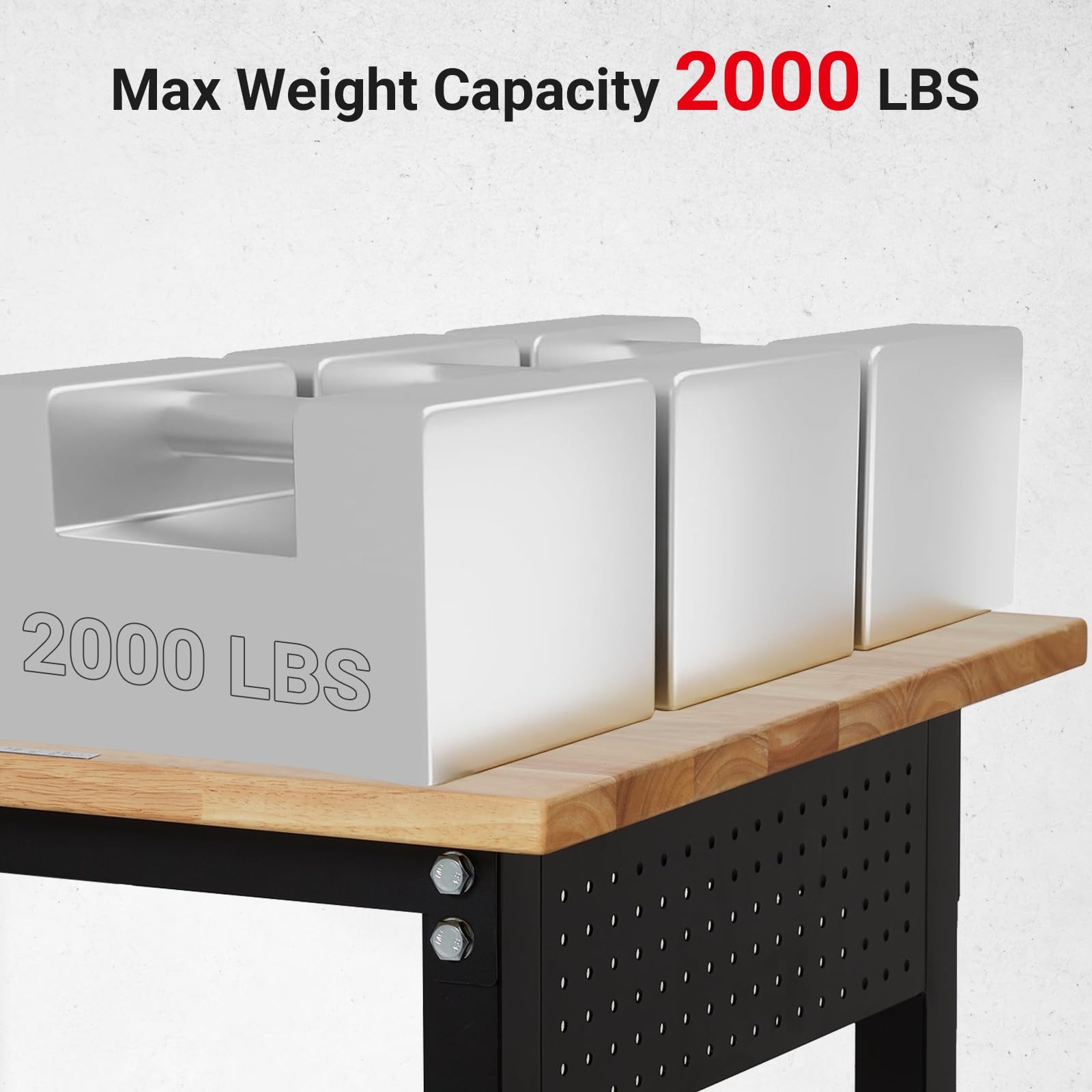70" Adjustable Height Workbench&Wheels,2000 lb Rubber Wood Top,Power Outlets