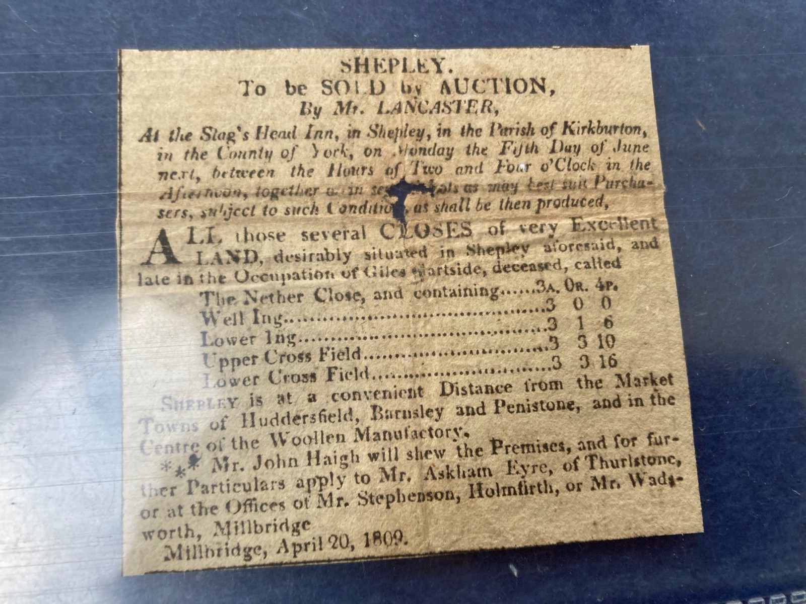 SHEPLEY KIRKBURTON FIELDS SALE   /  LEEDS MERCURY 1809 ABSTRACT CUTTING 6/6CM