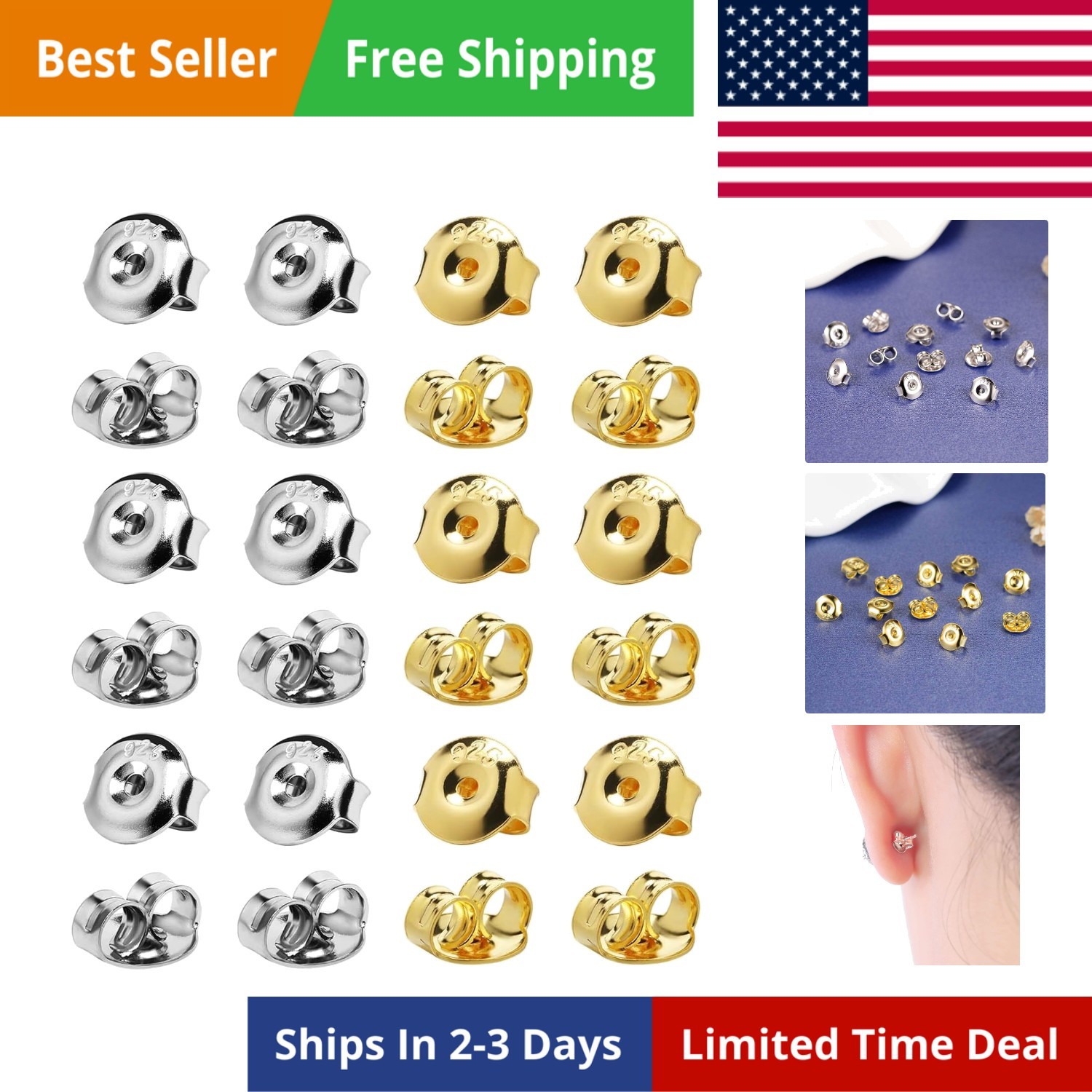 24PCS 925 Silver Earring Backs Replacements, 12pcs Gold 12pcs White Gold Plat...