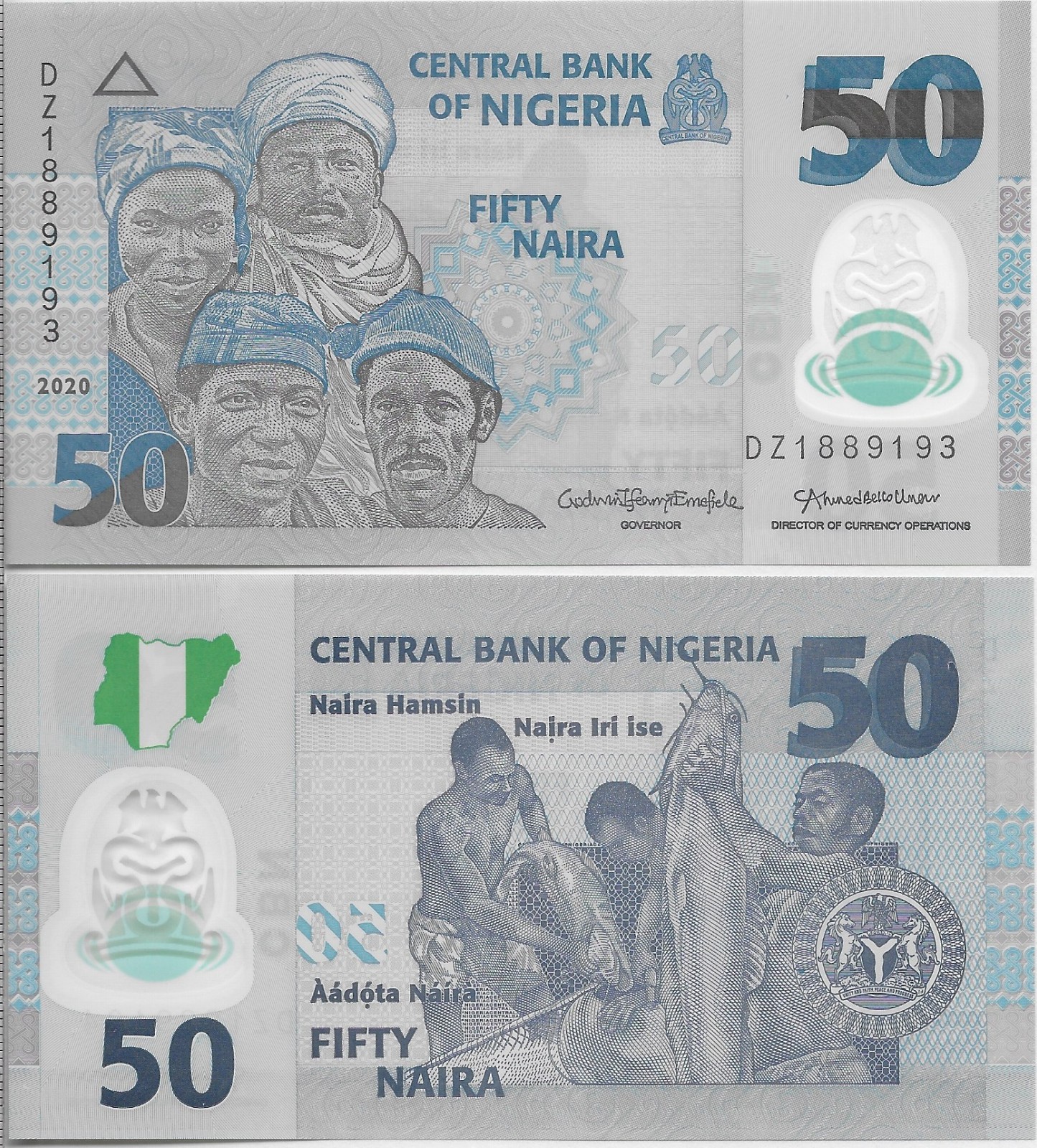 NIGERIA 50 NAIRA 2020 UNC DZ.FISHERMEN WITH BIG CATCH AND COAT OF ARMS,NIGERIANS