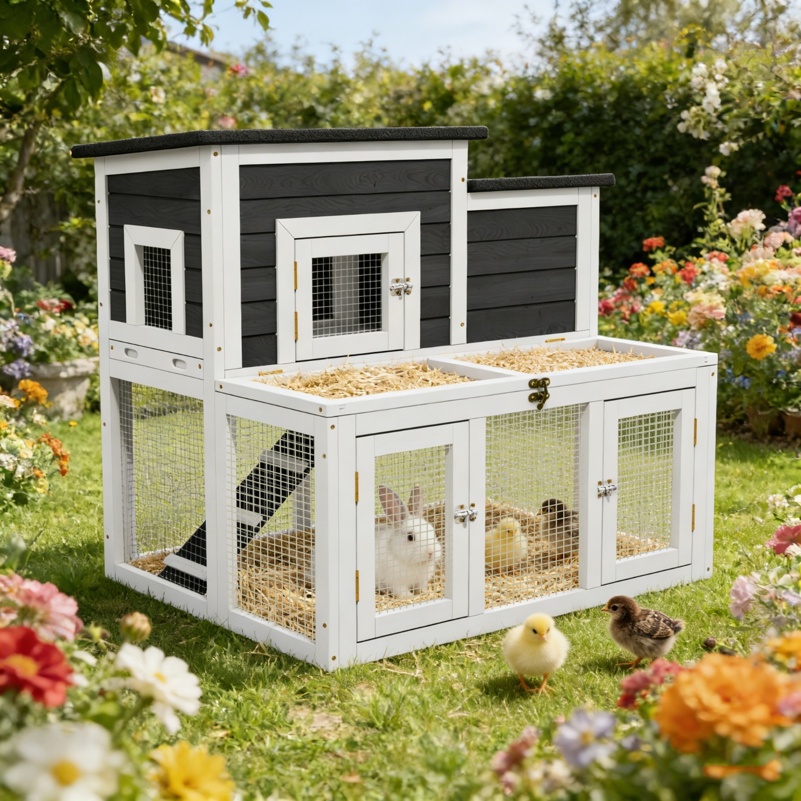 Outdoor Rabbit Hutch Wooden Chicken Coop with Waterproof Asphalt Roof, Ramp