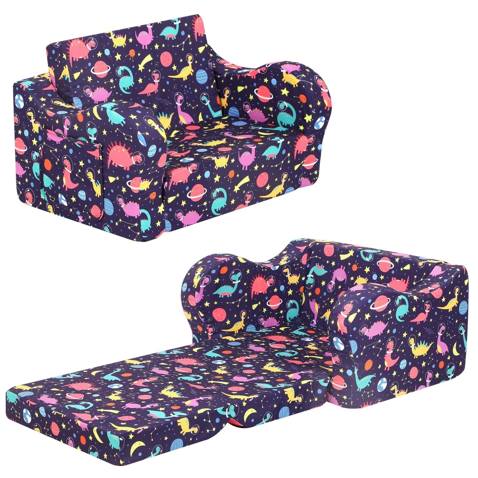 Kids Sofa, 2-in-1 Flip-Out Foam Couch, Foldable Soft Play Lounge Chair, Purple