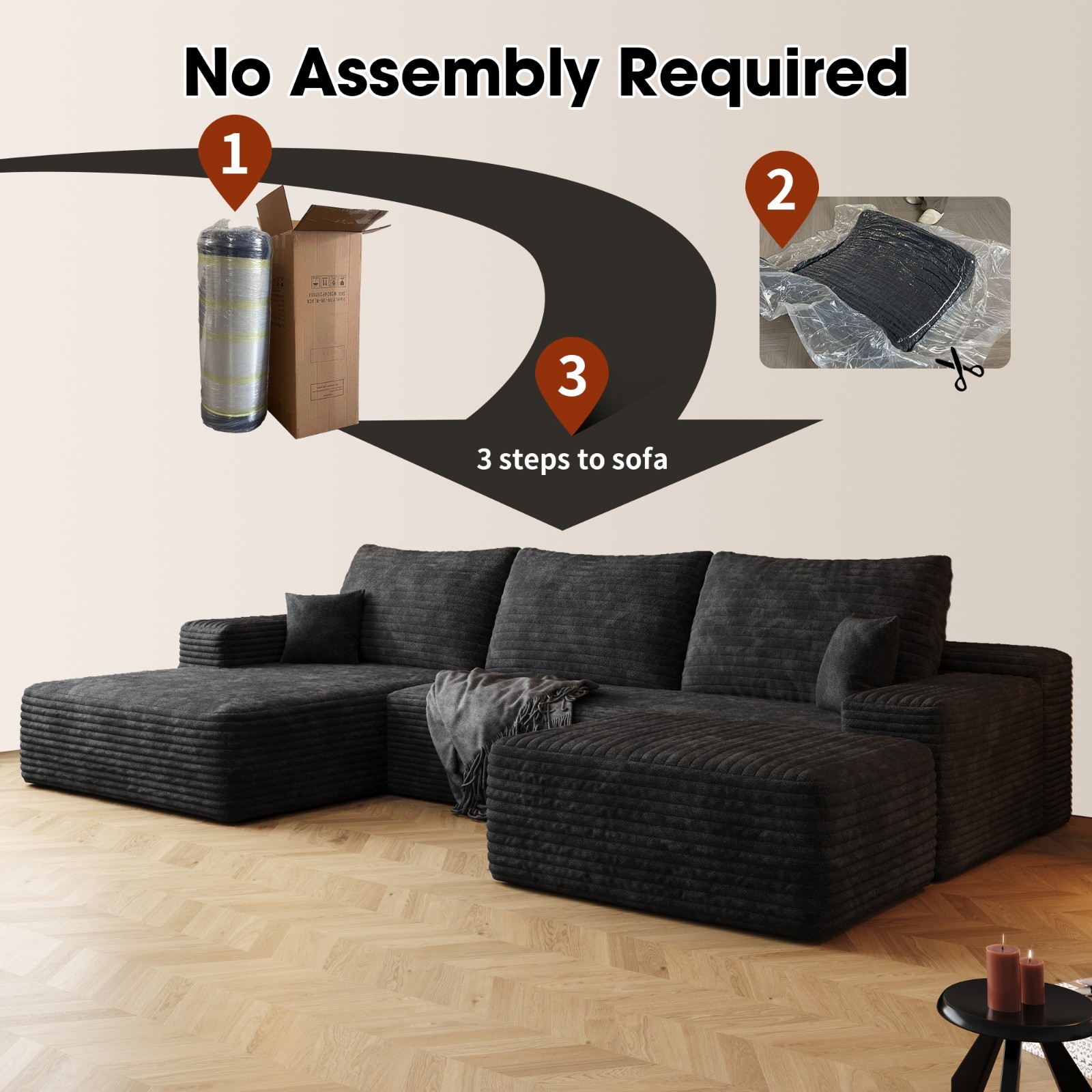 107"Boneless Couch Cloud Sectional Corduroy Sofa Left Facing Chaise with Ottoman