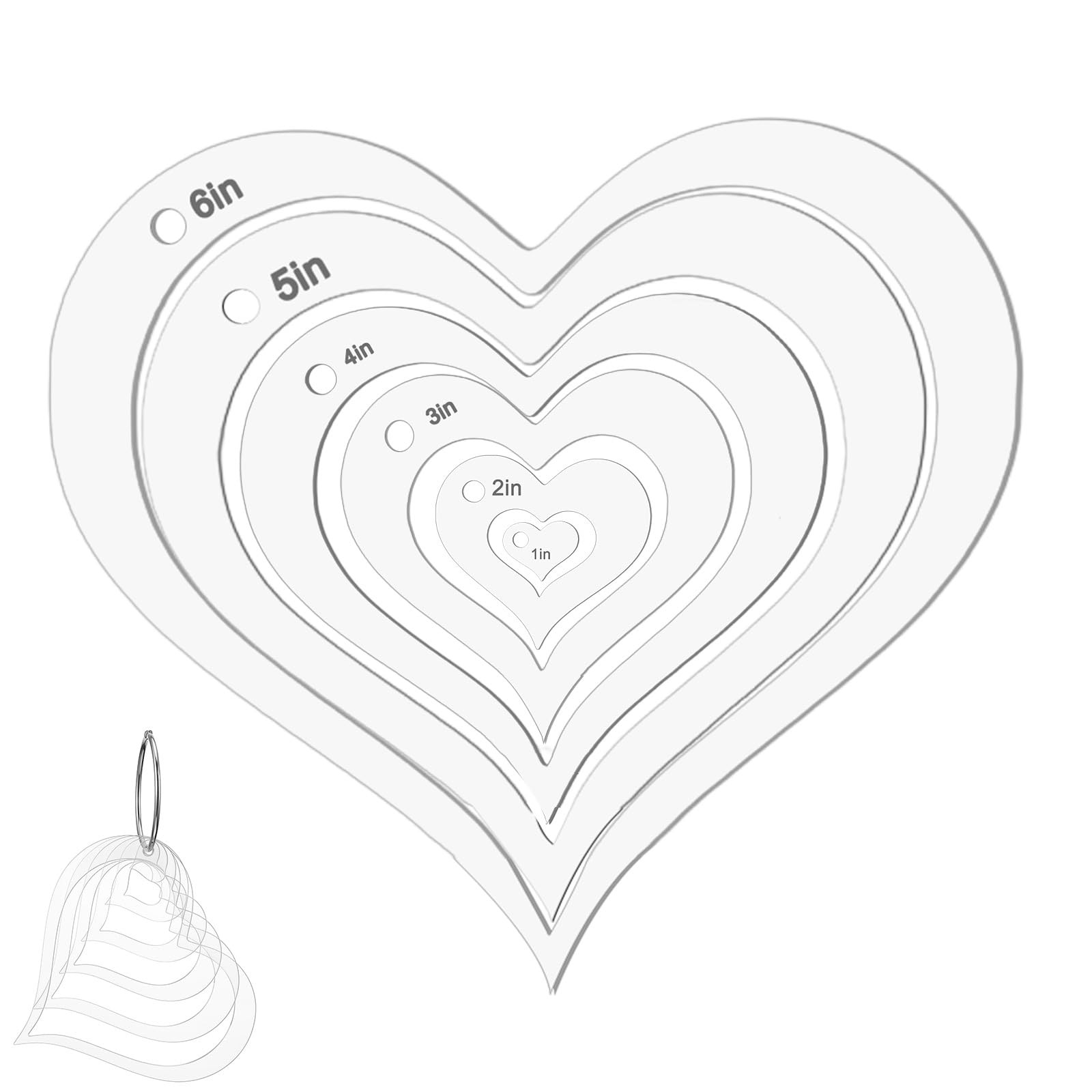 6Pcs Heart Quilting templates Set with Hinged Ring, Transparent Acrylic Heart