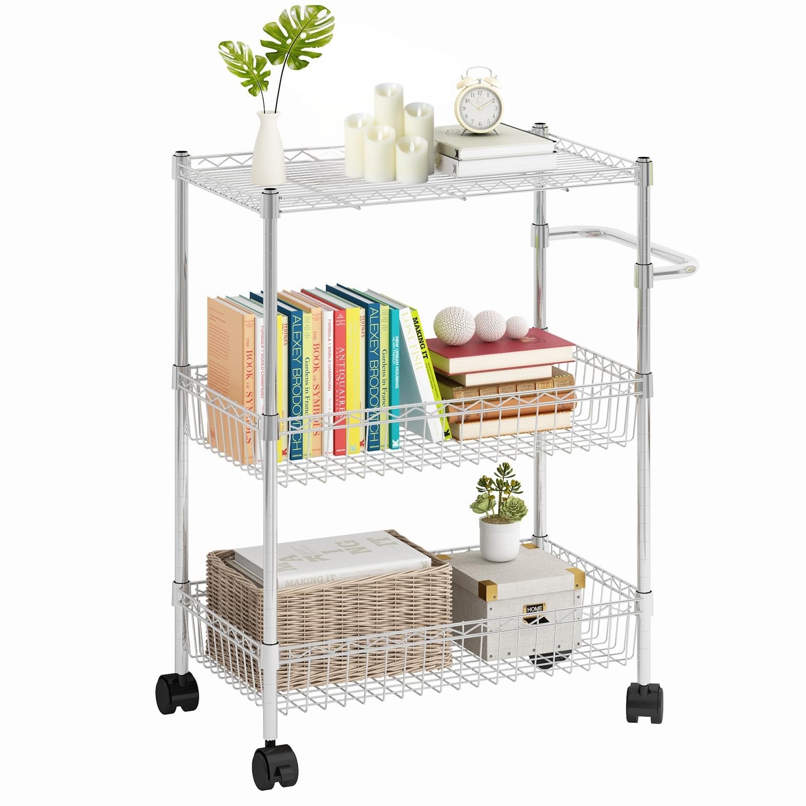 3 Tier Rolling Cart, Metal Kitchen Cart On Wheels with Baskets, Wire Shelving...