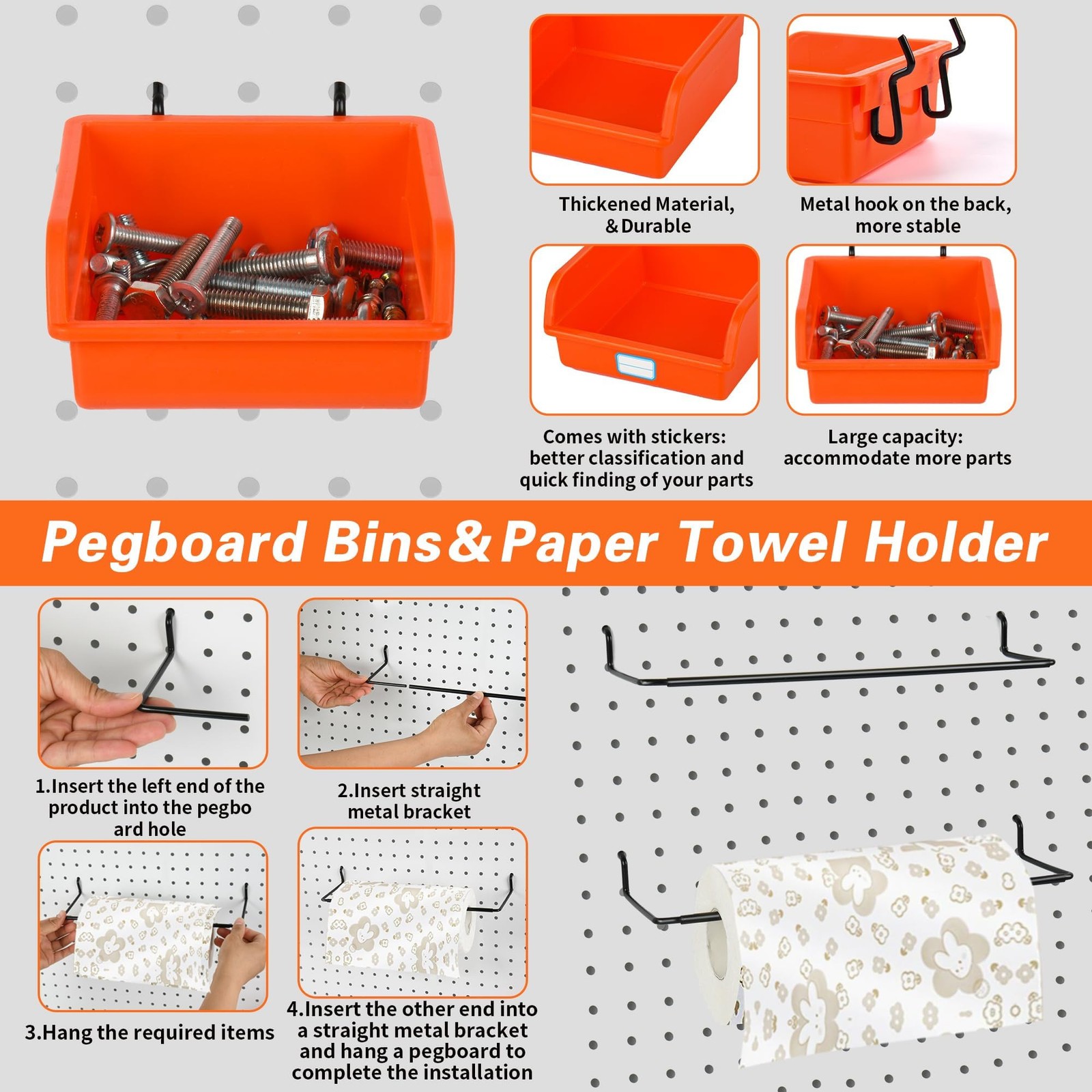 296 PCS Extra Thick 0.2'' Pegboard Hooks for 1/4" Peg Board Hanging Tools, He...