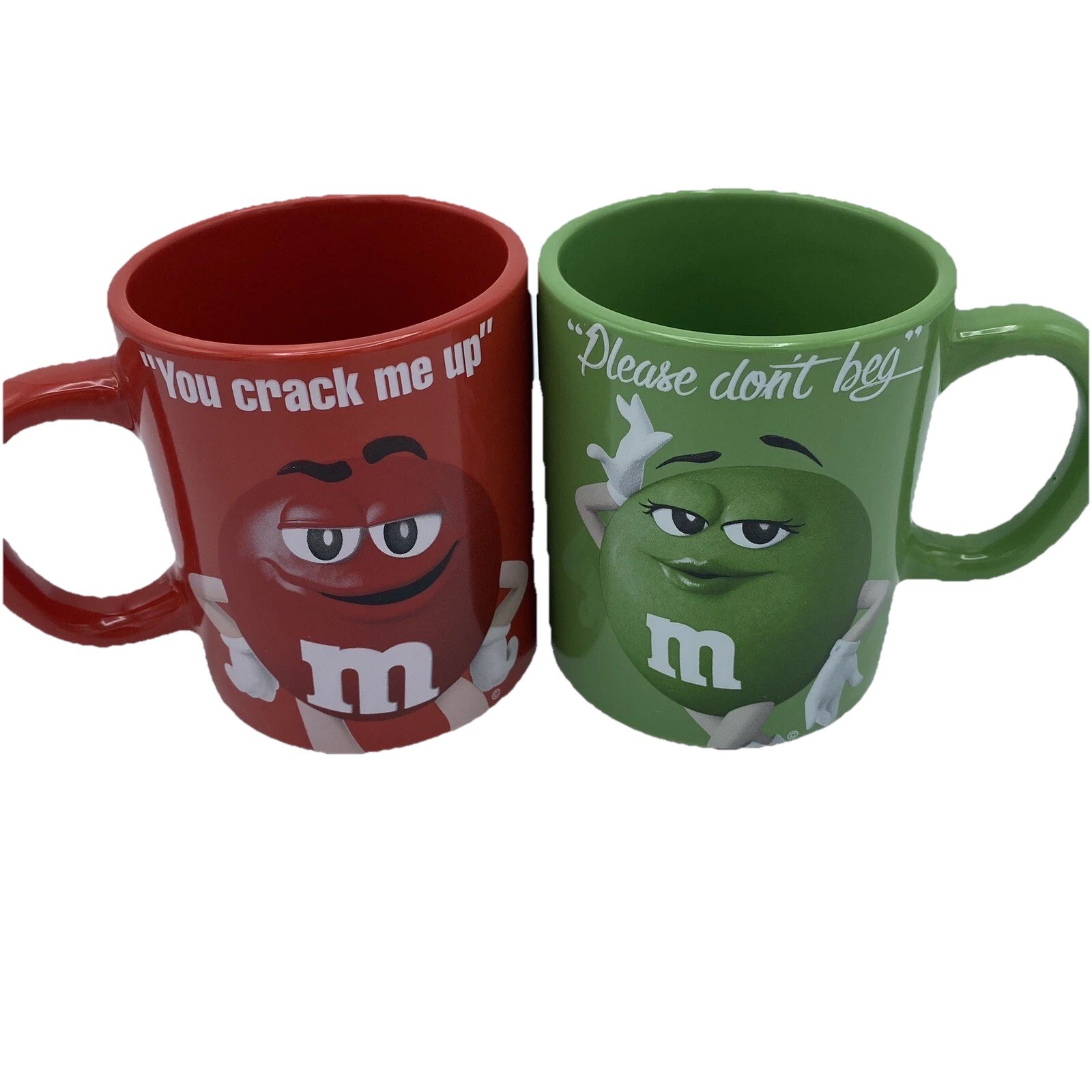 M&M You Crack Me Up Red and Please Don't Beg Green Coffee Mug Frankford 2016