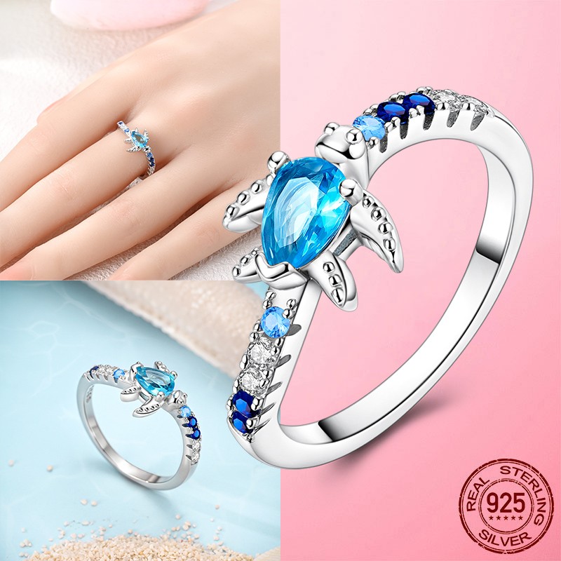 LAZA Original 925 Sterling Silver Ring Blue CZ Turtle Roaming for Women Jewelry