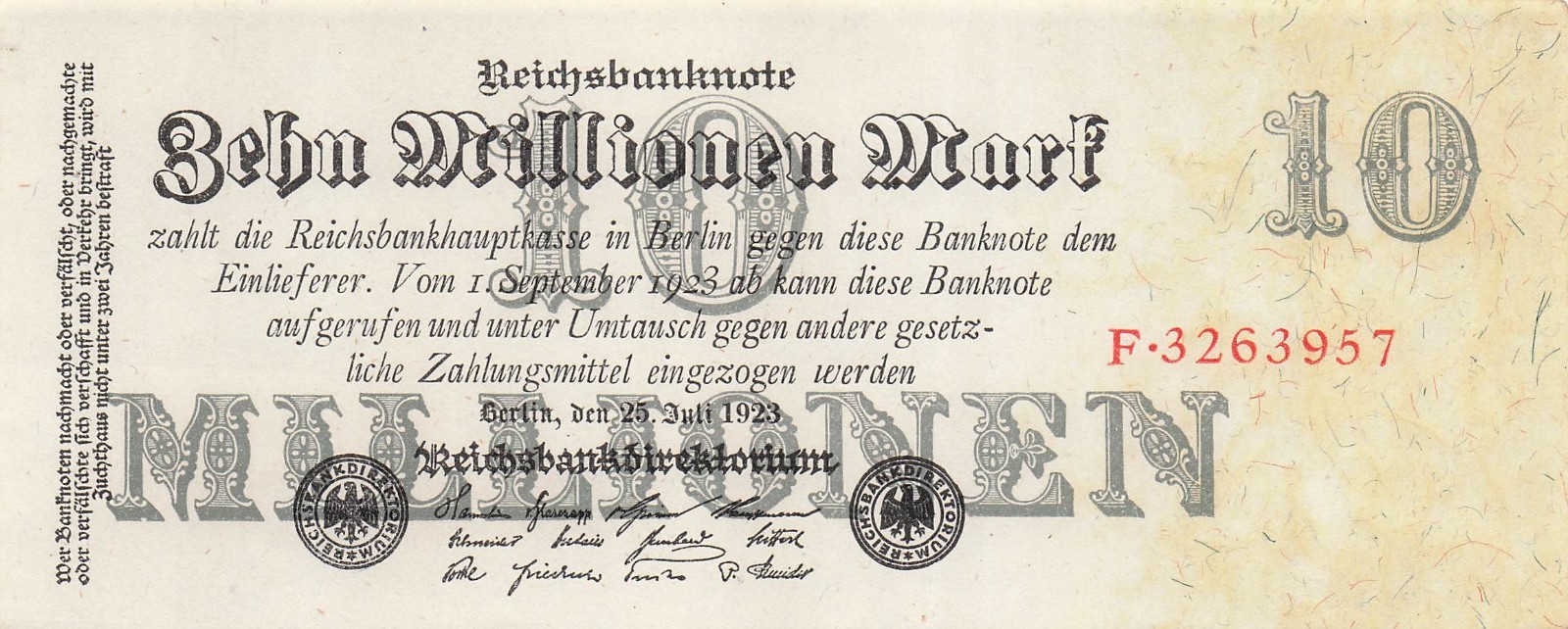 Germany / Reichsbanknote 10 Mil. Mark  25.7.1923 Series F  Uncirculated Banknote