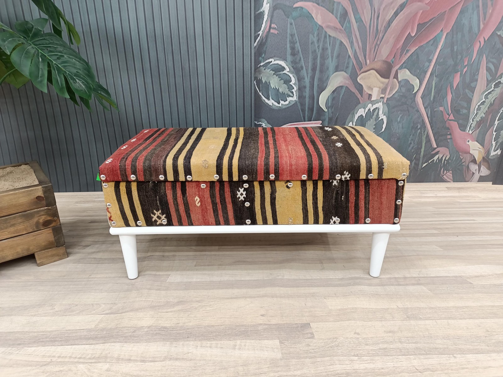 Kilim Storage Ottoman Handmade Wood Bench Upholstered Entry Organizer