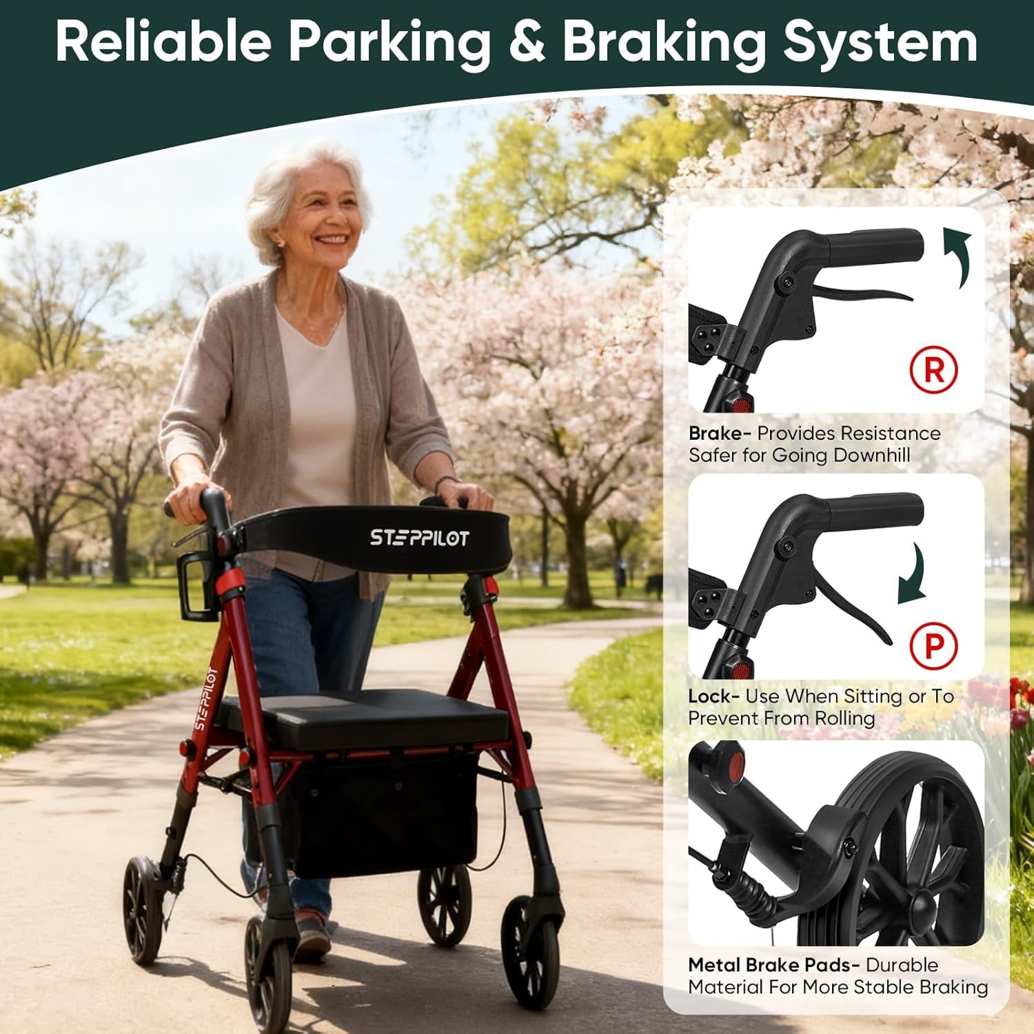 Portable Rollator Rolling Walker for Seniors with Seat & Backrest Max 500 Lbs