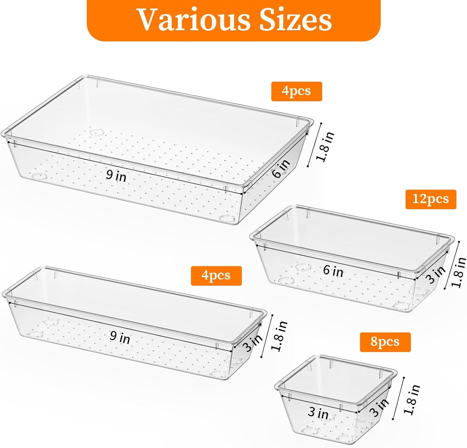 32 PCS Clear Plastic Drawer Organizer Set, 4-Size Vanity Organizer Trays and ...