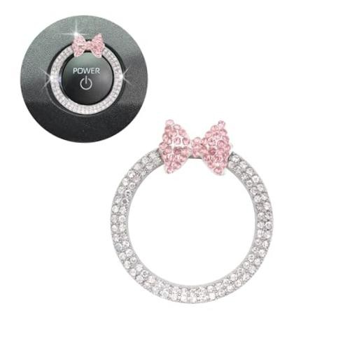 ORIESSE Pink Bow Car Accessories,Bow Tie Engine Start Button Silver Ring