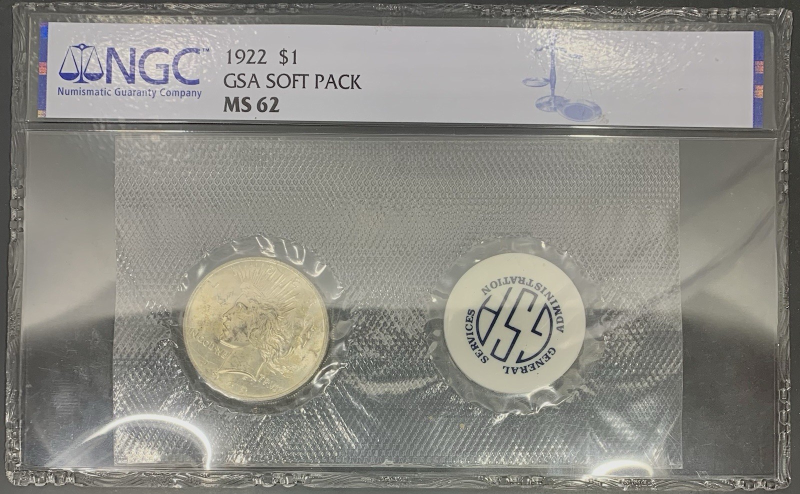 1922 NGC MS62 Peace Silver Dollar $1 - GSA Soft Pack