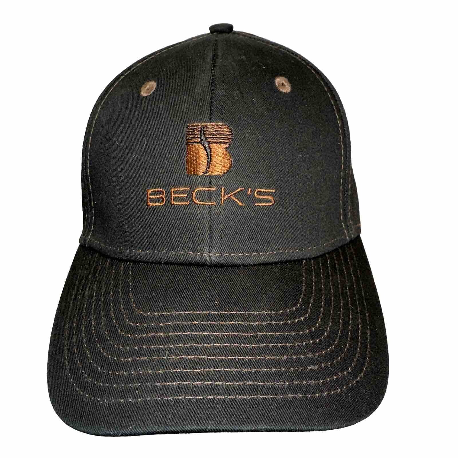 Becks Seed Corn Black Hat w Bronze Embroidered Letters & Logo Snapback EUC