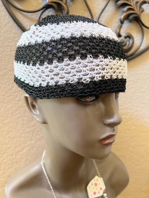 Black White Knitted Hand Crocheted Stretch Cotton Kufi Hat. 21" Circumference.