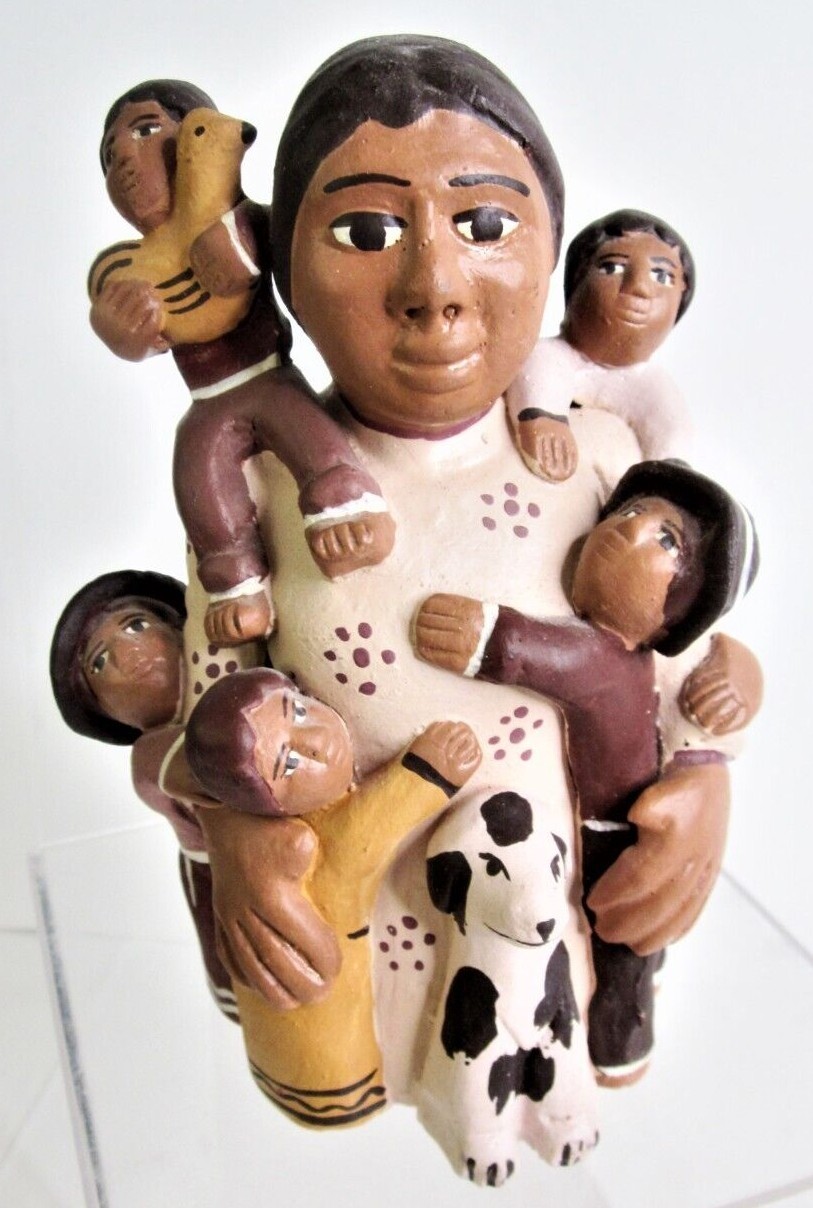 "Storyteller" Figurine  Woman, Children, Dog, Chick, 6" Peru Folk Art Terracotta