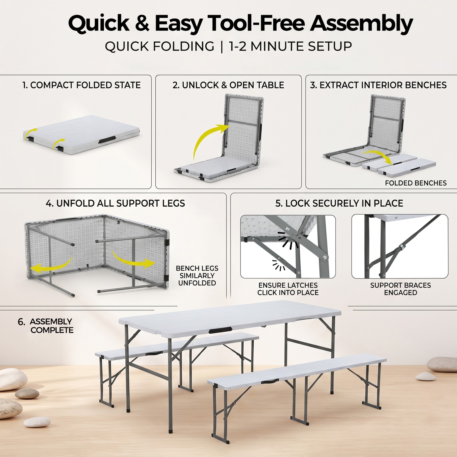 Compact Foldable Picnic Table with Storage Benches Weather Resistant HDPE Table