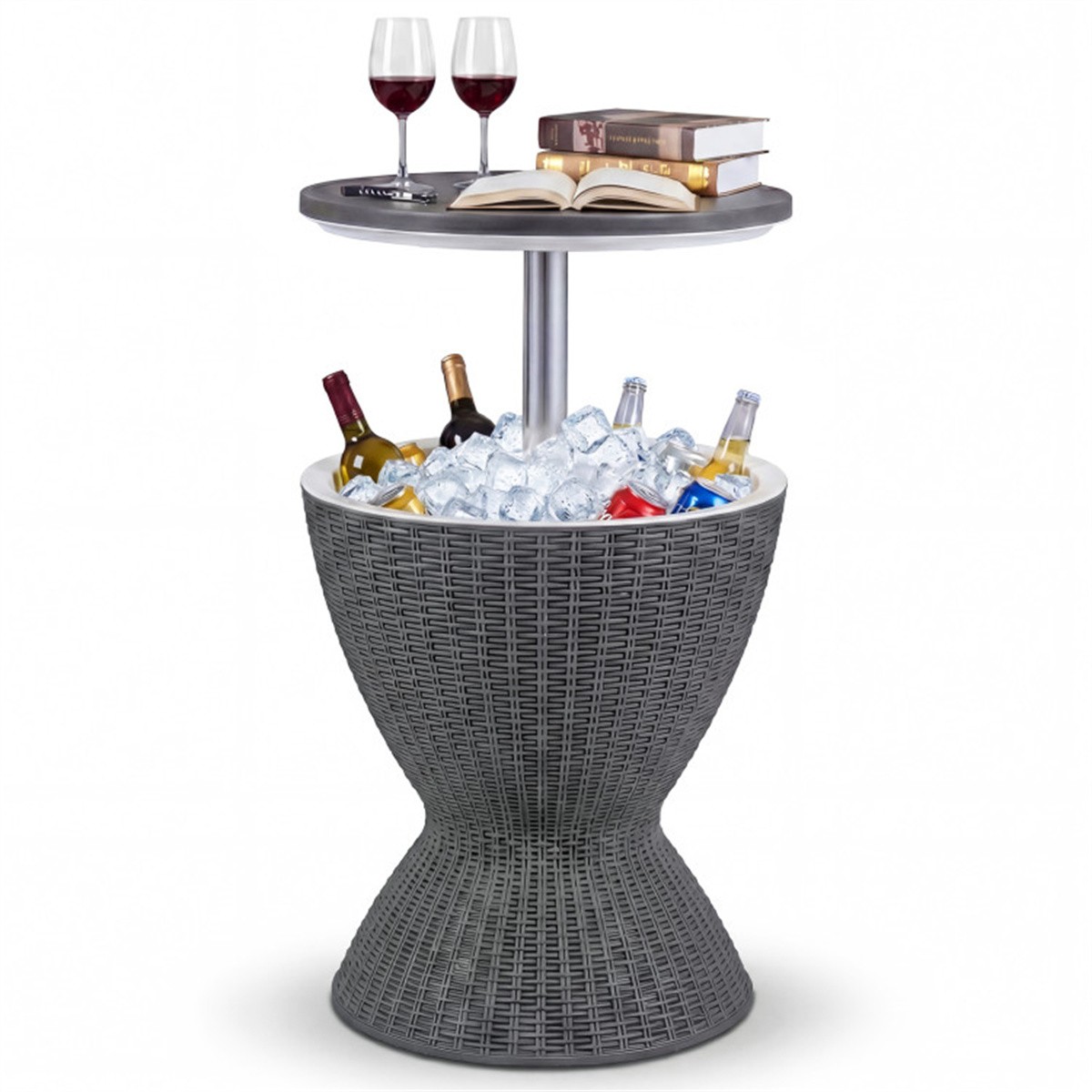 Gray Imitation Rattan Ice Cooler Side Table 8Gal Adjustable Height Drain Plug