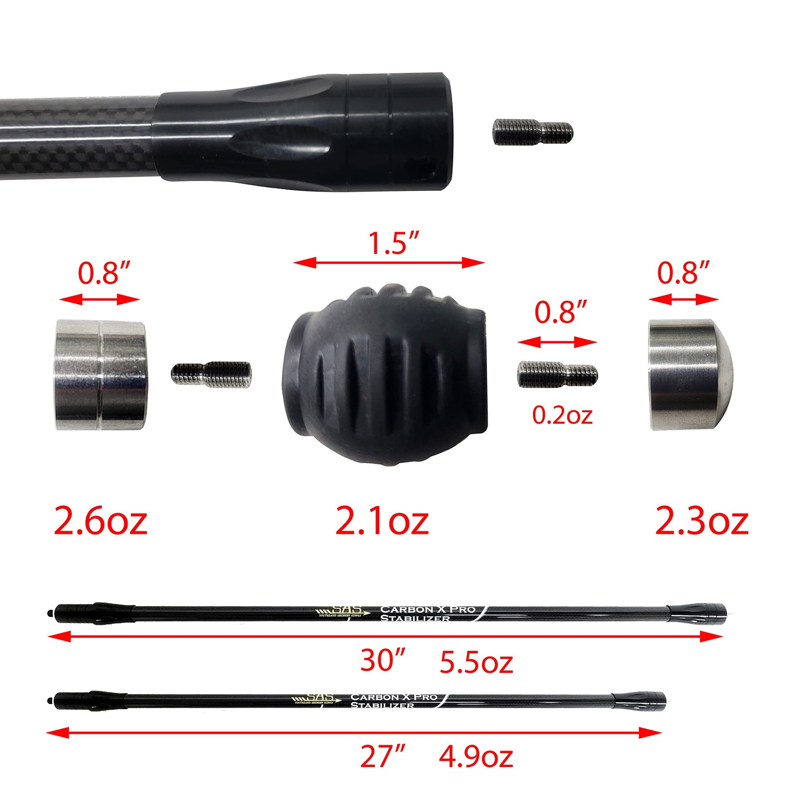 SAS Carbon X Pro Bow Stabilizer Main Bar for Compound Bows with Dampener and ...