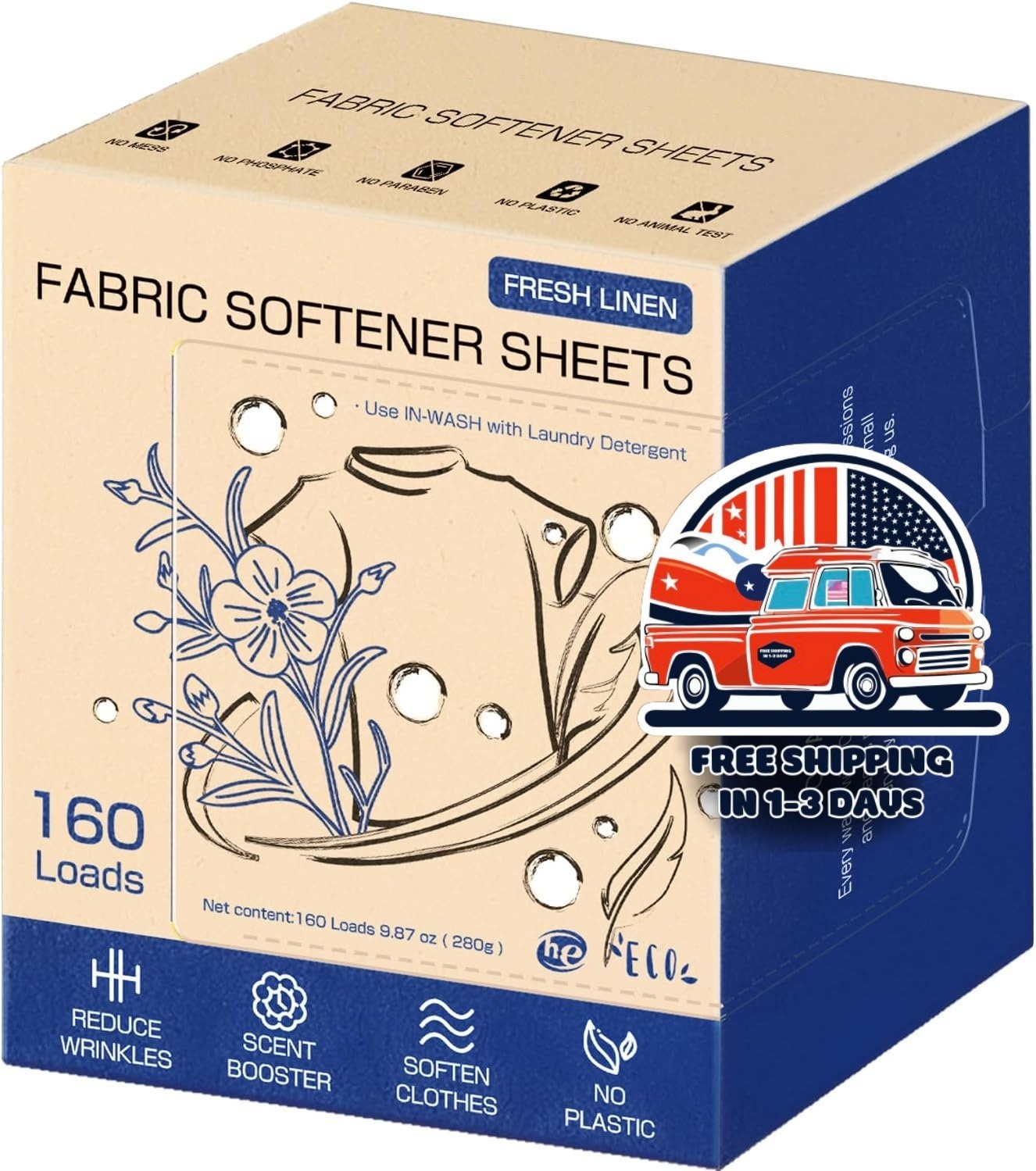 Toallitas suavizantes para ropa, aroma a lino fresco, 160 cargas, ecológicas NEW