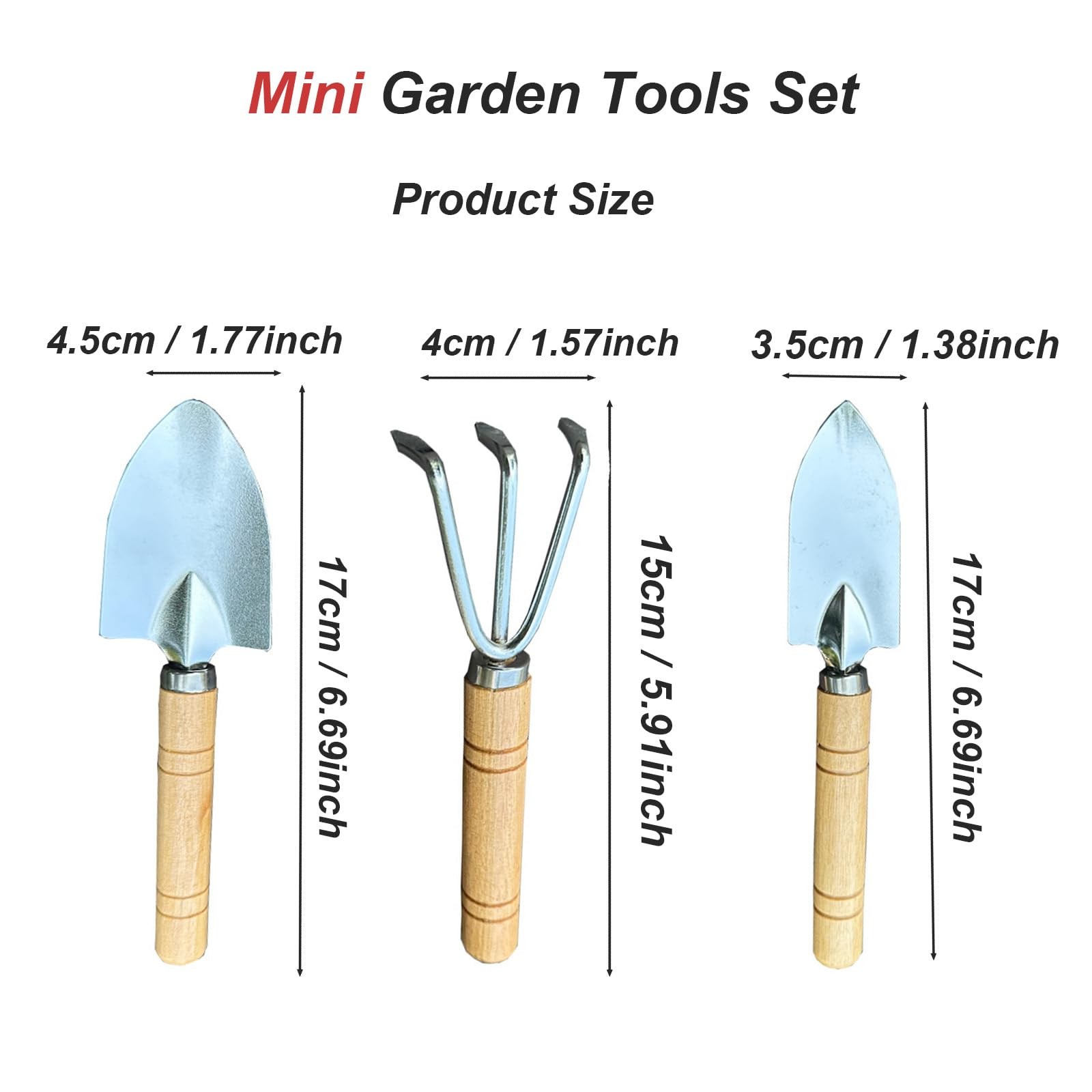 3 Pcs Mini Garden Tools Set Small Tiny Shovel Trowel and Hand Rake Silver