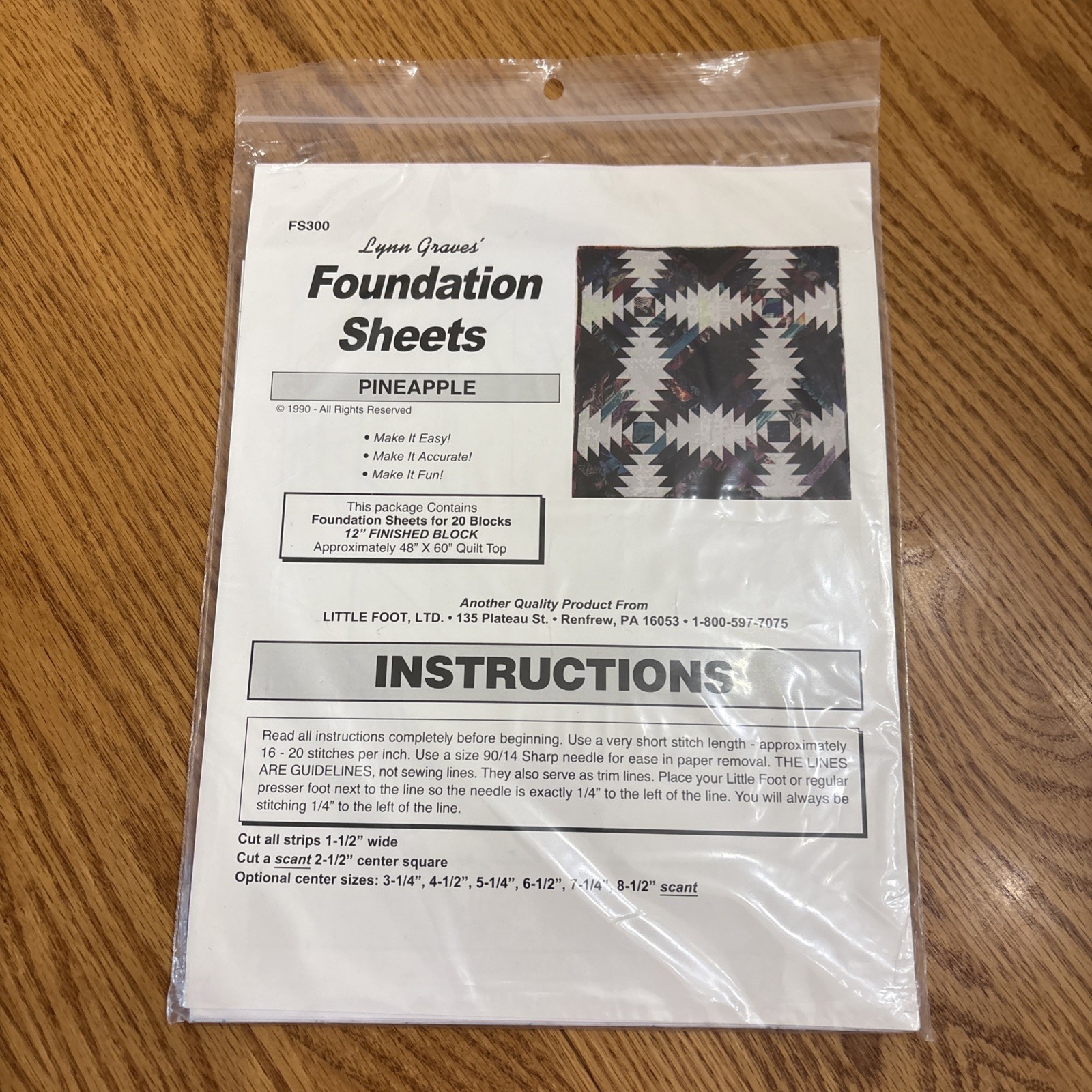 Lynn Graves Foundation Sheets FS300 Pineapple 12" Quilt Blocks 20 Sheets
