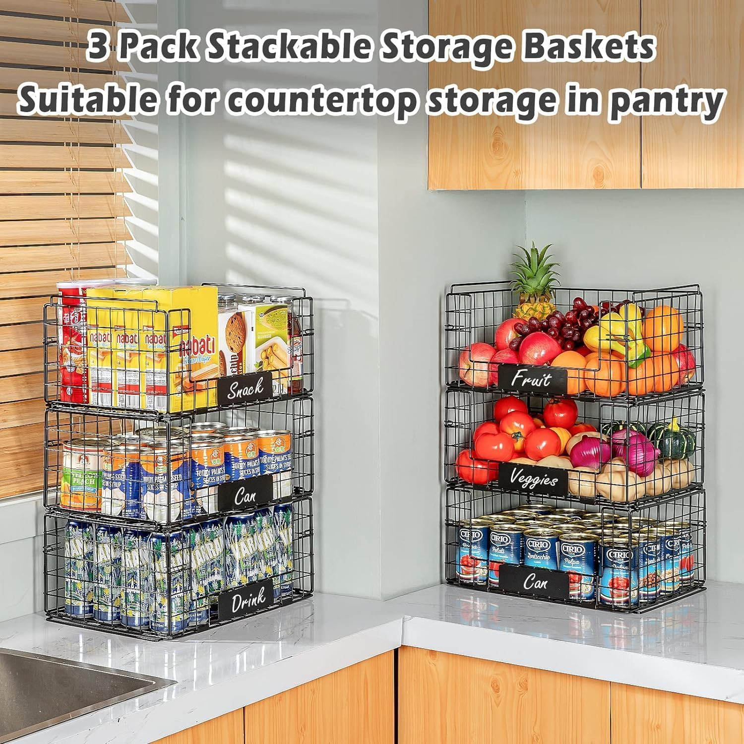 3 Pack XXL Stackable Wire Baskets, Pantry Organizers and Storage | Fruit Basket