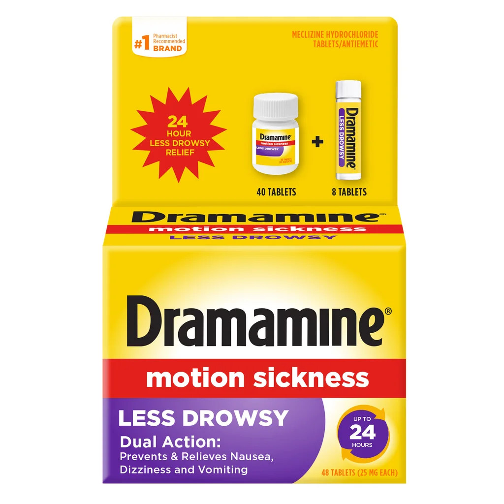 Dramamine All Day Less Drowsy Motion Sickness Meclizine Tablets 48 Count EXP8/27