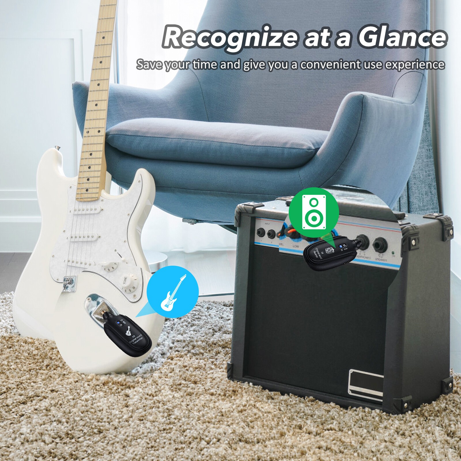 UHF Guitar Wireless System Transmitter+Receiver Built In Rechargeable Battery