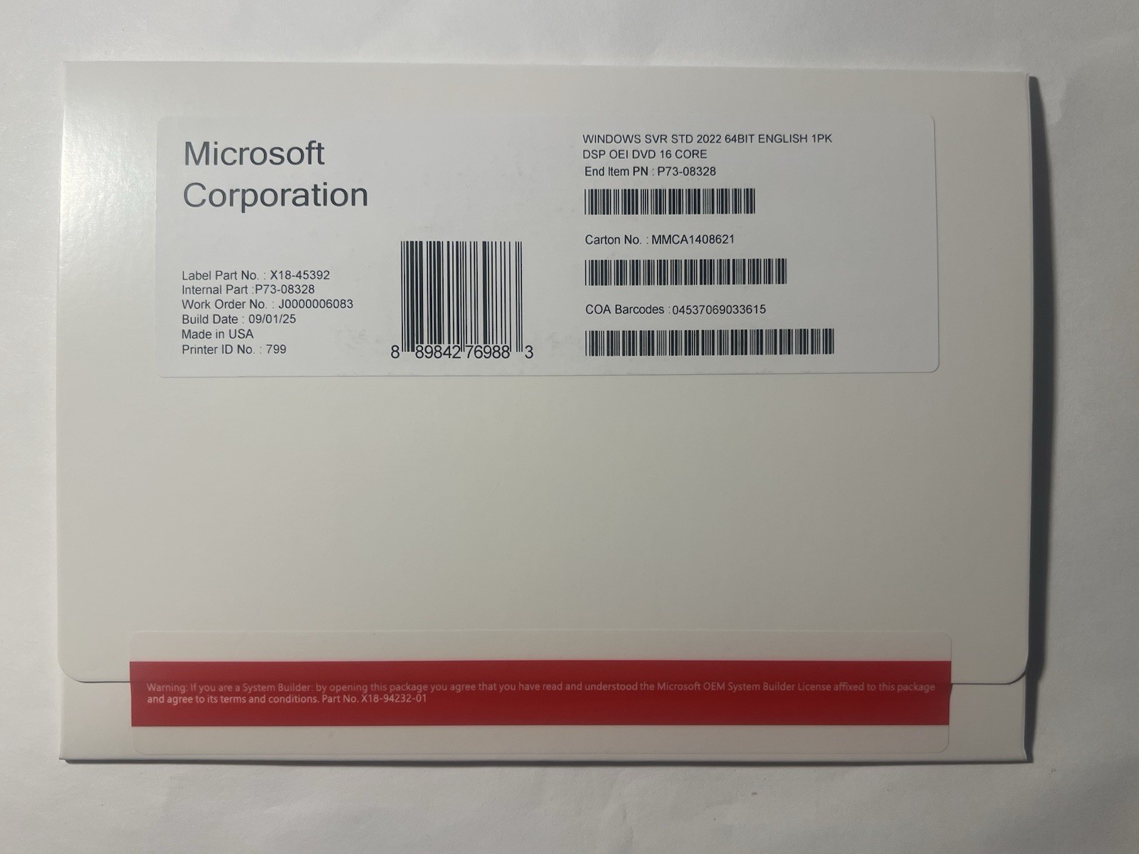 Microsoft Windows Server 2022 Standard 16 Core DVD (NEW)
