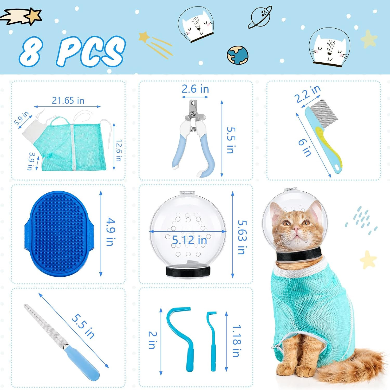 8 Pcs Cat Muzzle Set with Adjustable Cat Bathing Bag, Breathable Muzzle Pet for