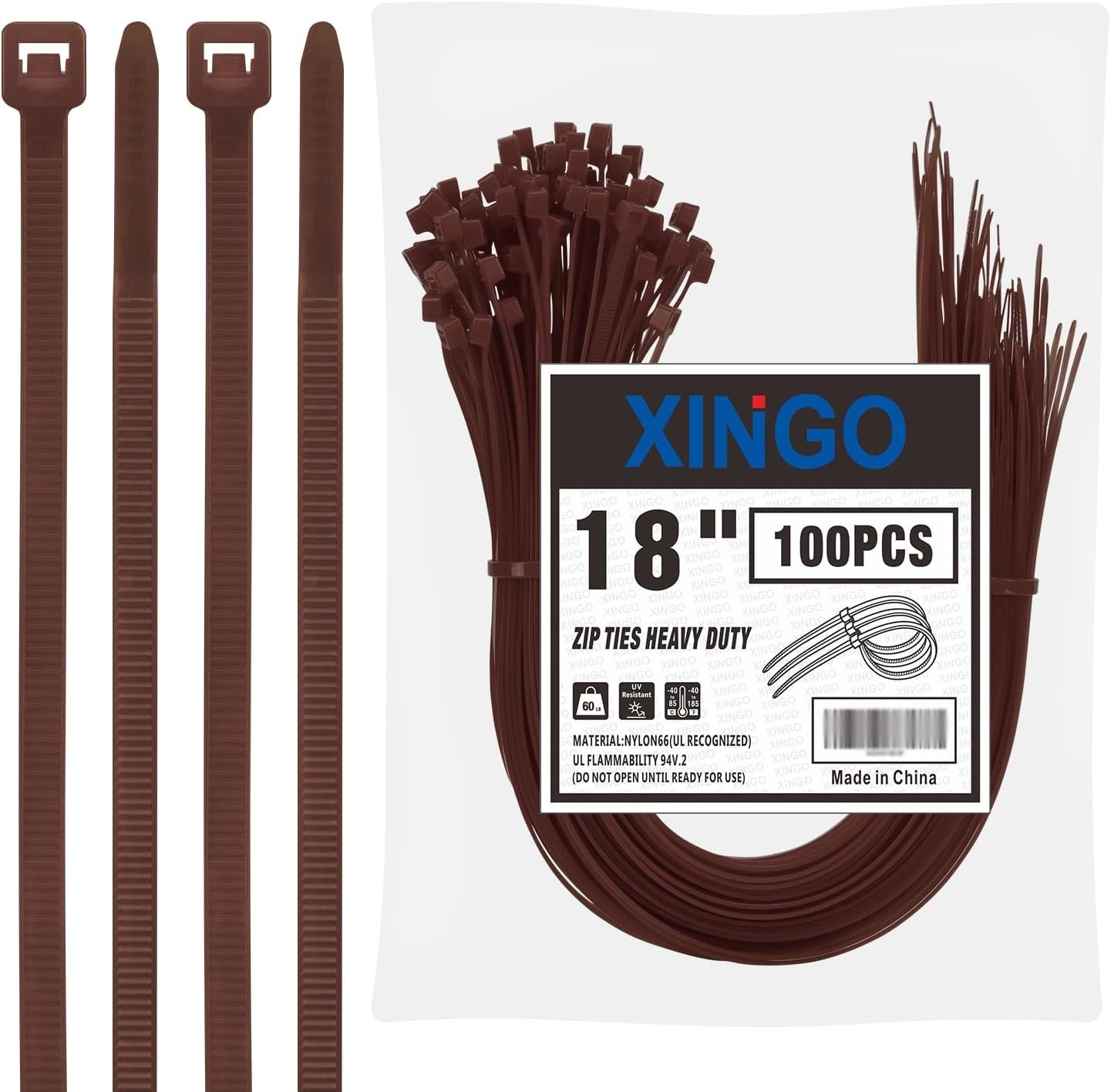 18 Inch Brown Zip Ties Heavy Duty (100 Pack), Black, 60Lb Tensile Strength, UV R