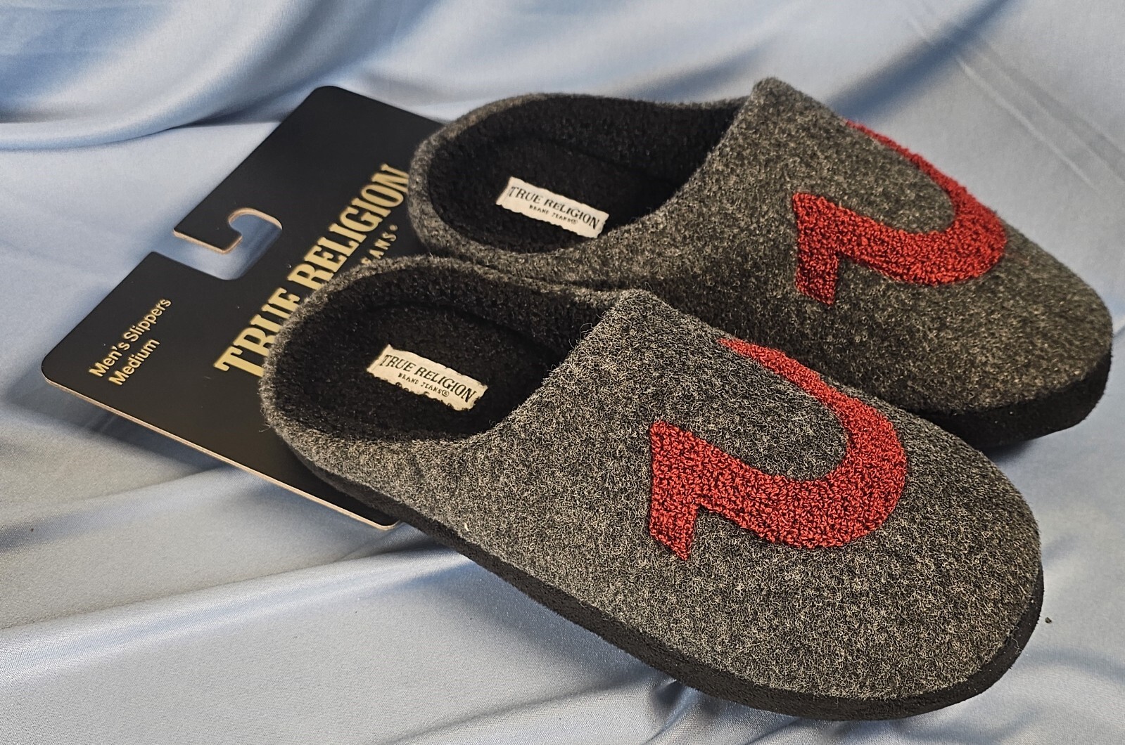 True Religion Men's Low Back Slippers, Medium 9-10 Gray with Red Logo SHIPS FREE