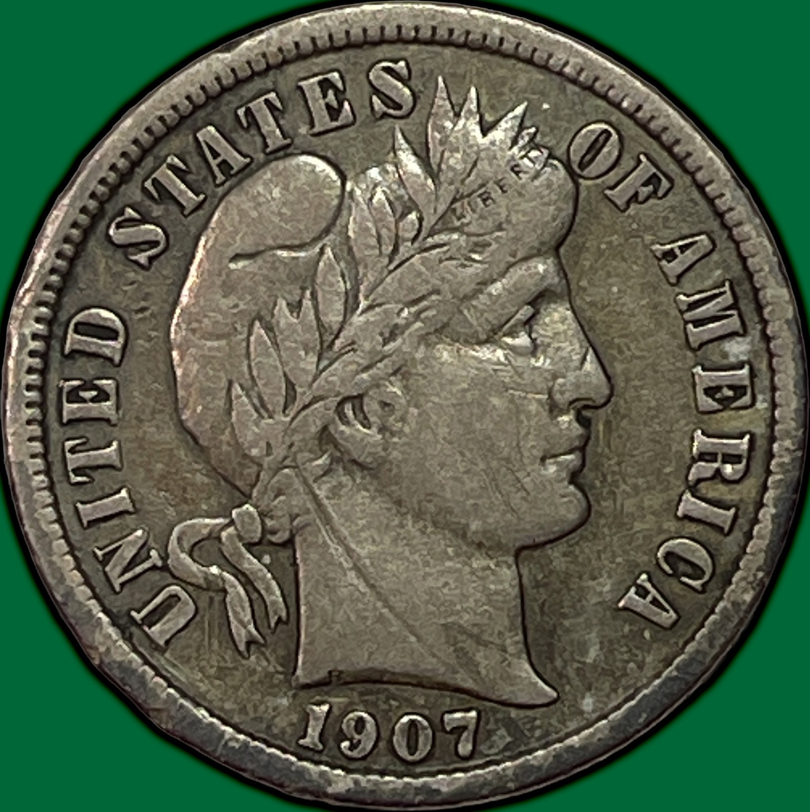 1907-S Barber Dime Extremely Fine XF Coin, Scratch #39887