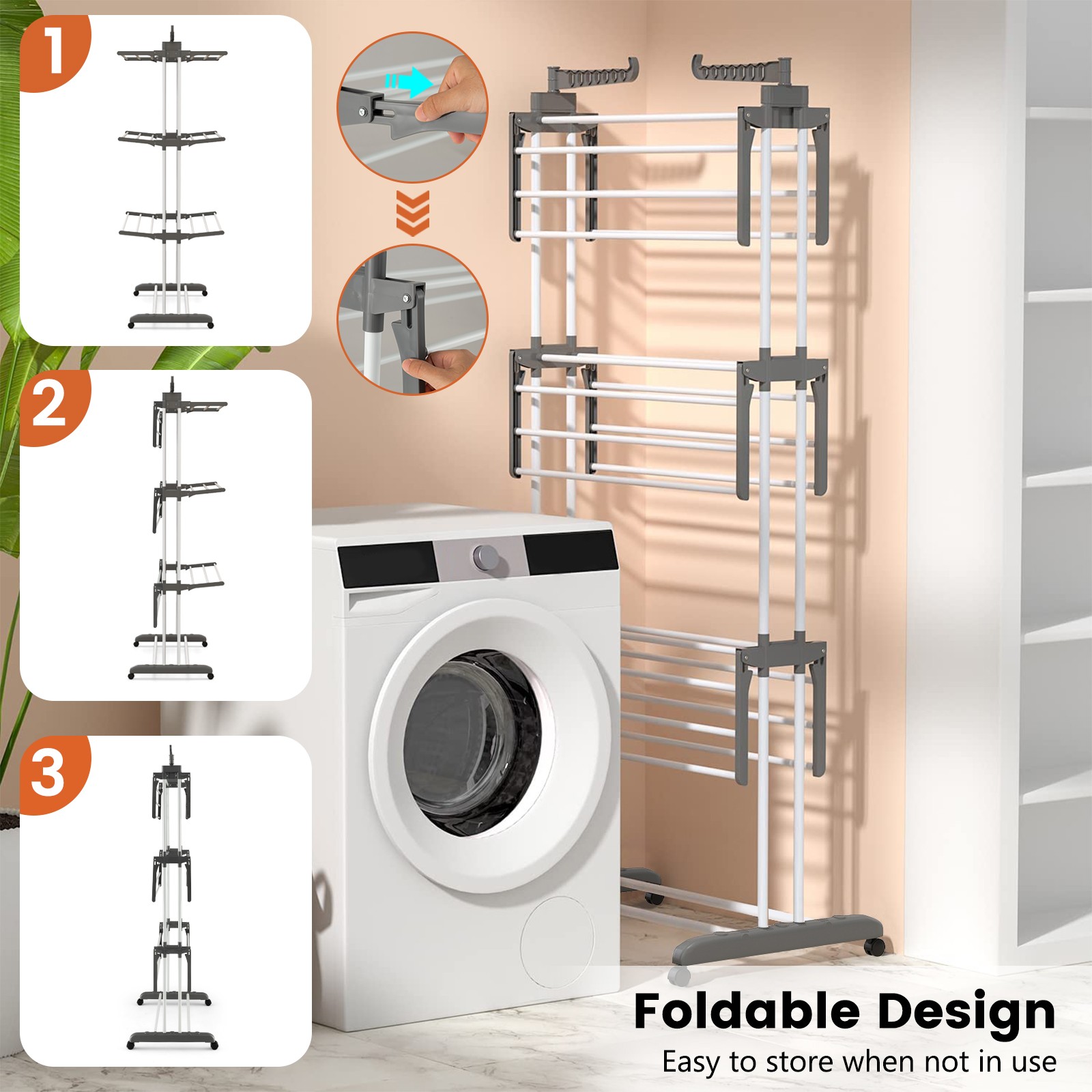 3-tier Folding Clothes Drying Rack w/ Rotatable Side Wings & Collapsible Shelves
