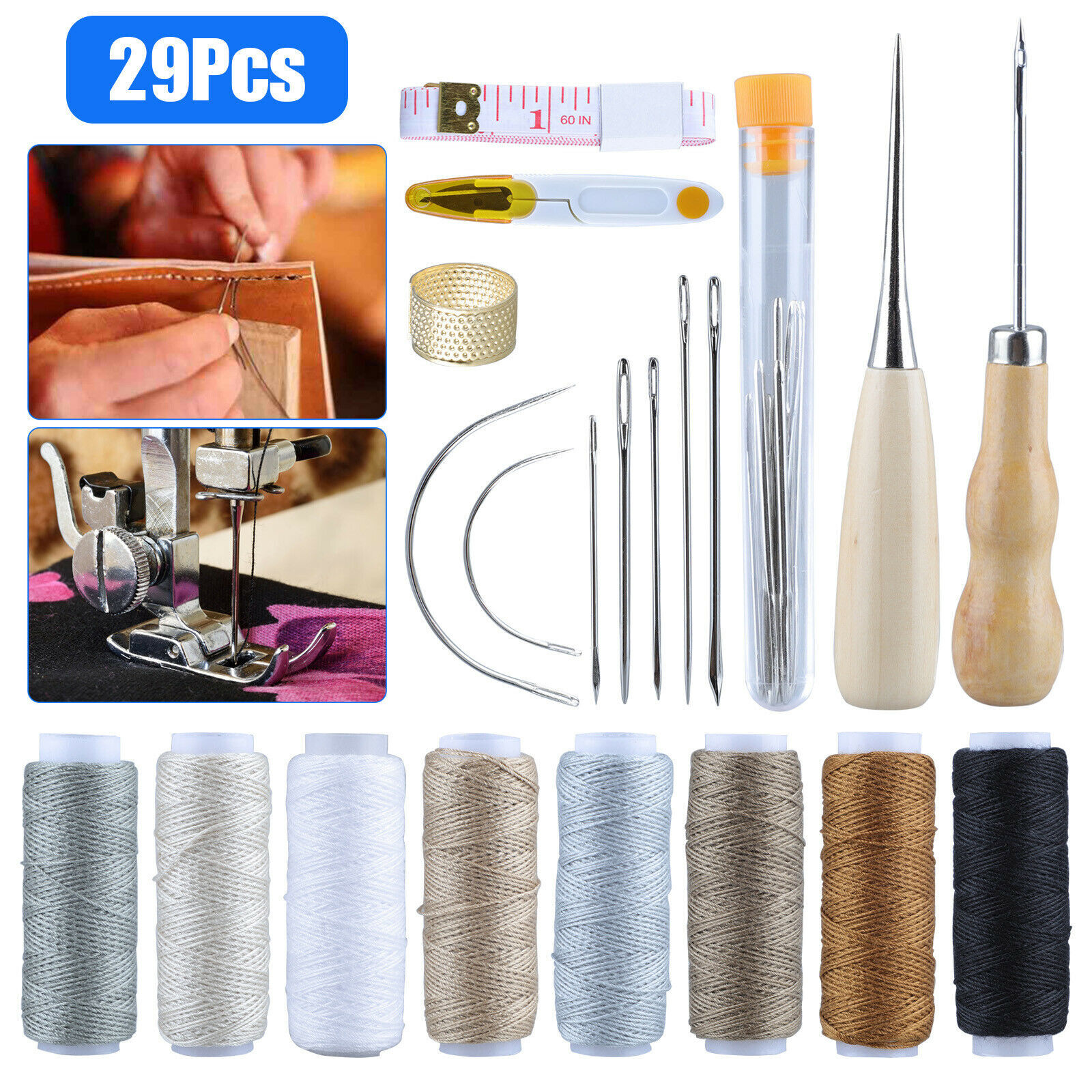 Leather Waxed Thread Stitching Needles Awl Hand Tools Kit for DIY Sewing Craft