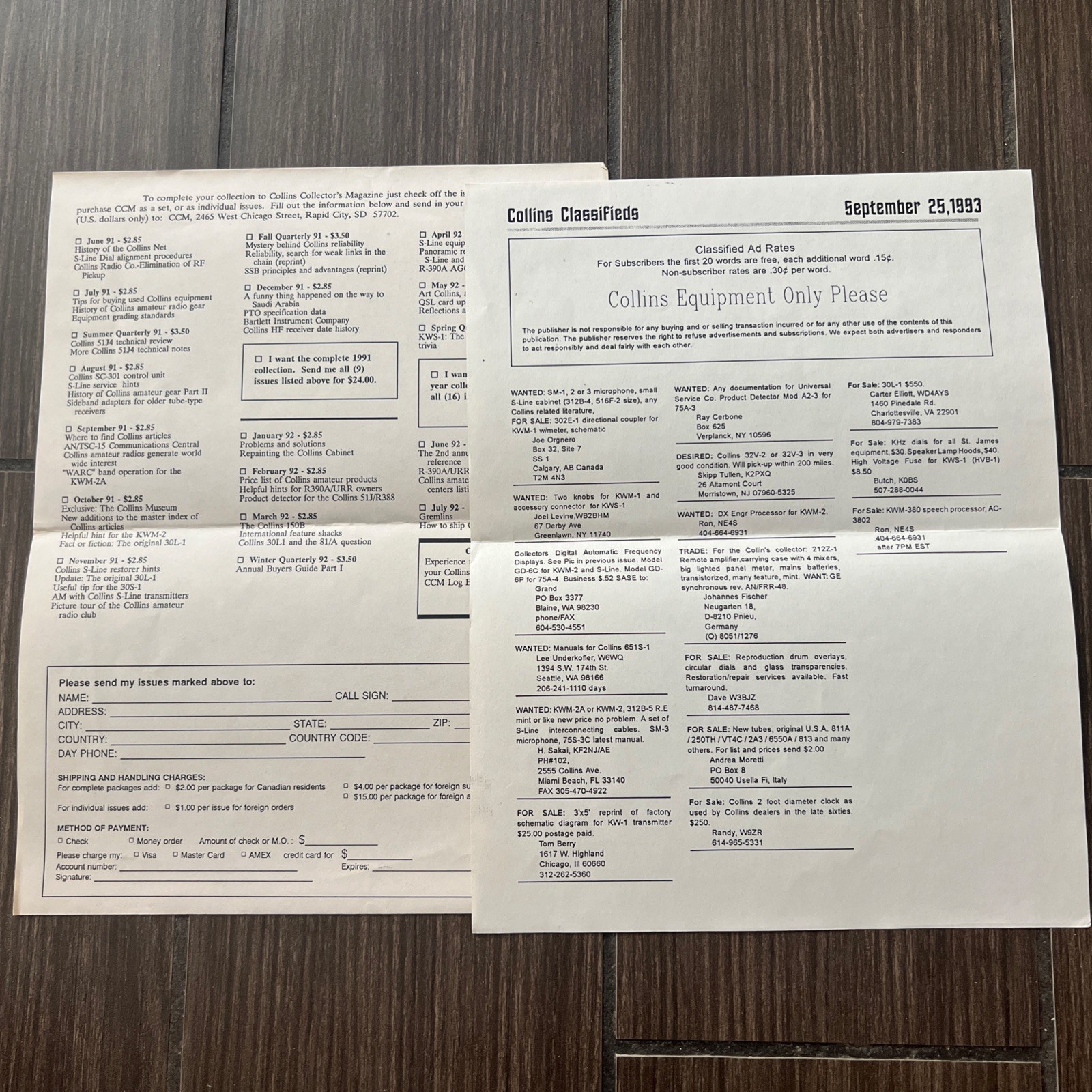 2 Vintage Collins Journal Collectors Magazine Radio Order Form & Classified Ad