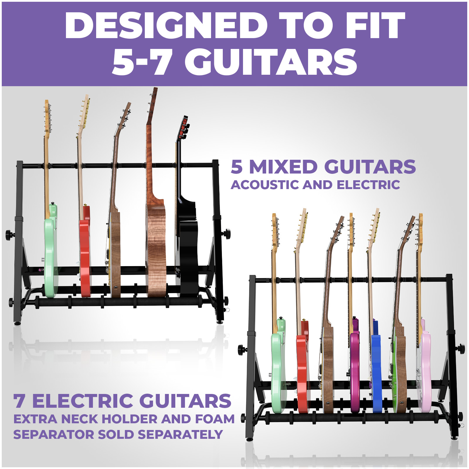 Guitar Stand Rack for 5 Guitars - Foldable Height Design Floor Storage Rack