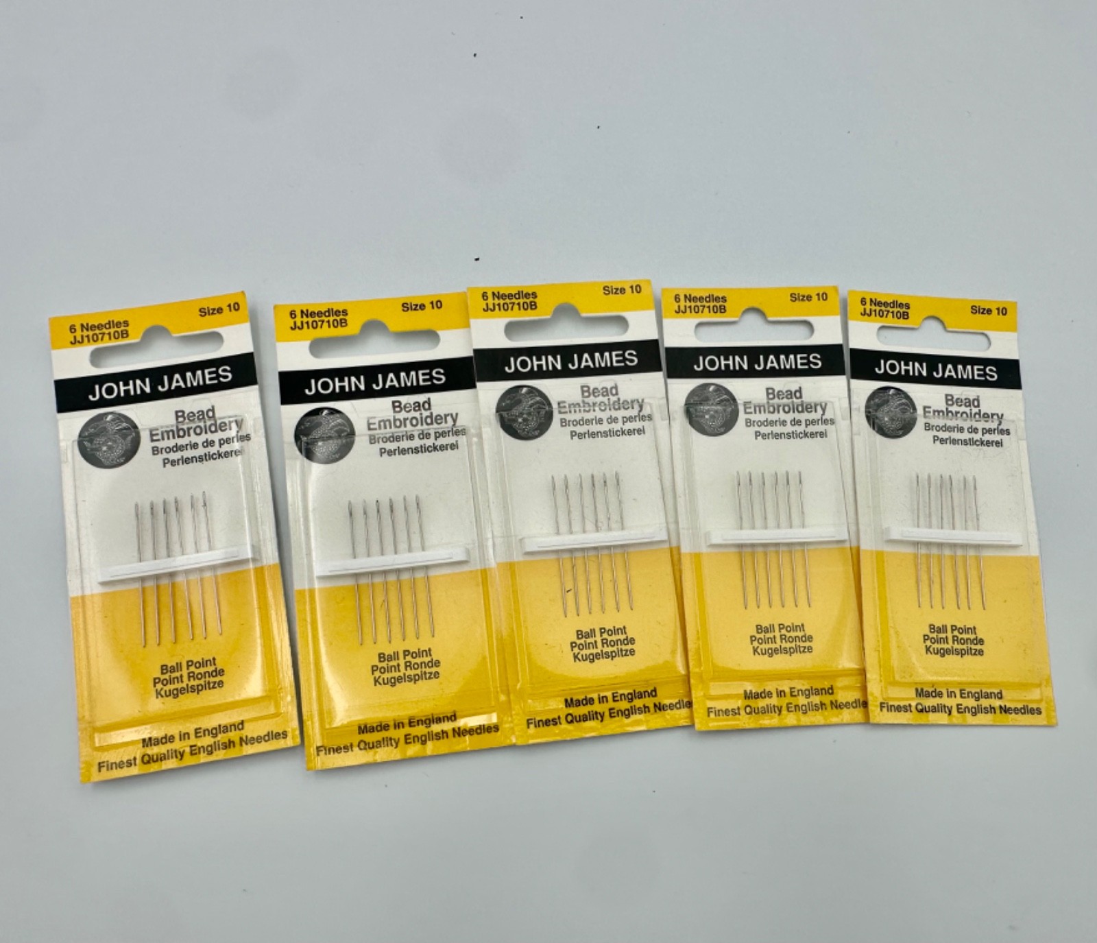Lot of 5 NOS John James Ball Point Bead Embroidery Needles (Size 10