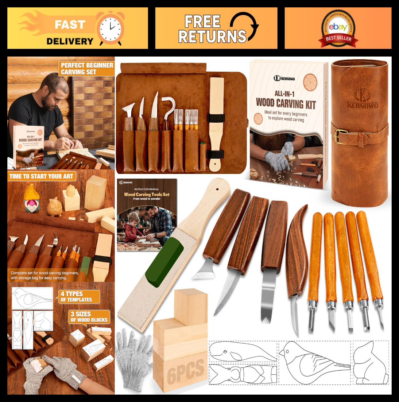 24Pcs Wood Carving Tools Set with Storage Bag, Whittling Knife & Templates for D